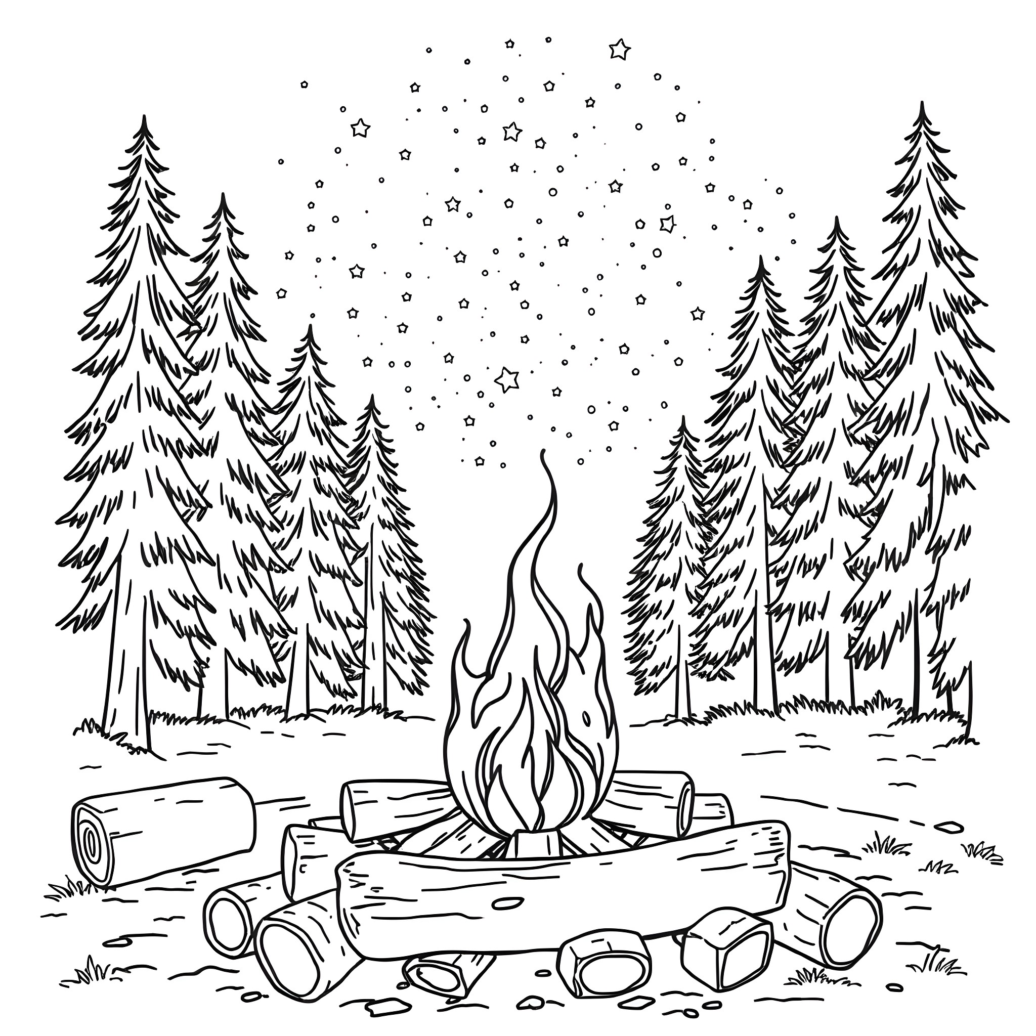 Campfire in the snowy forest Coloring Page (free black-and-white line drawing printable PDF for all, from beginners to advanced learners, including children, teens, adults, and seniors)