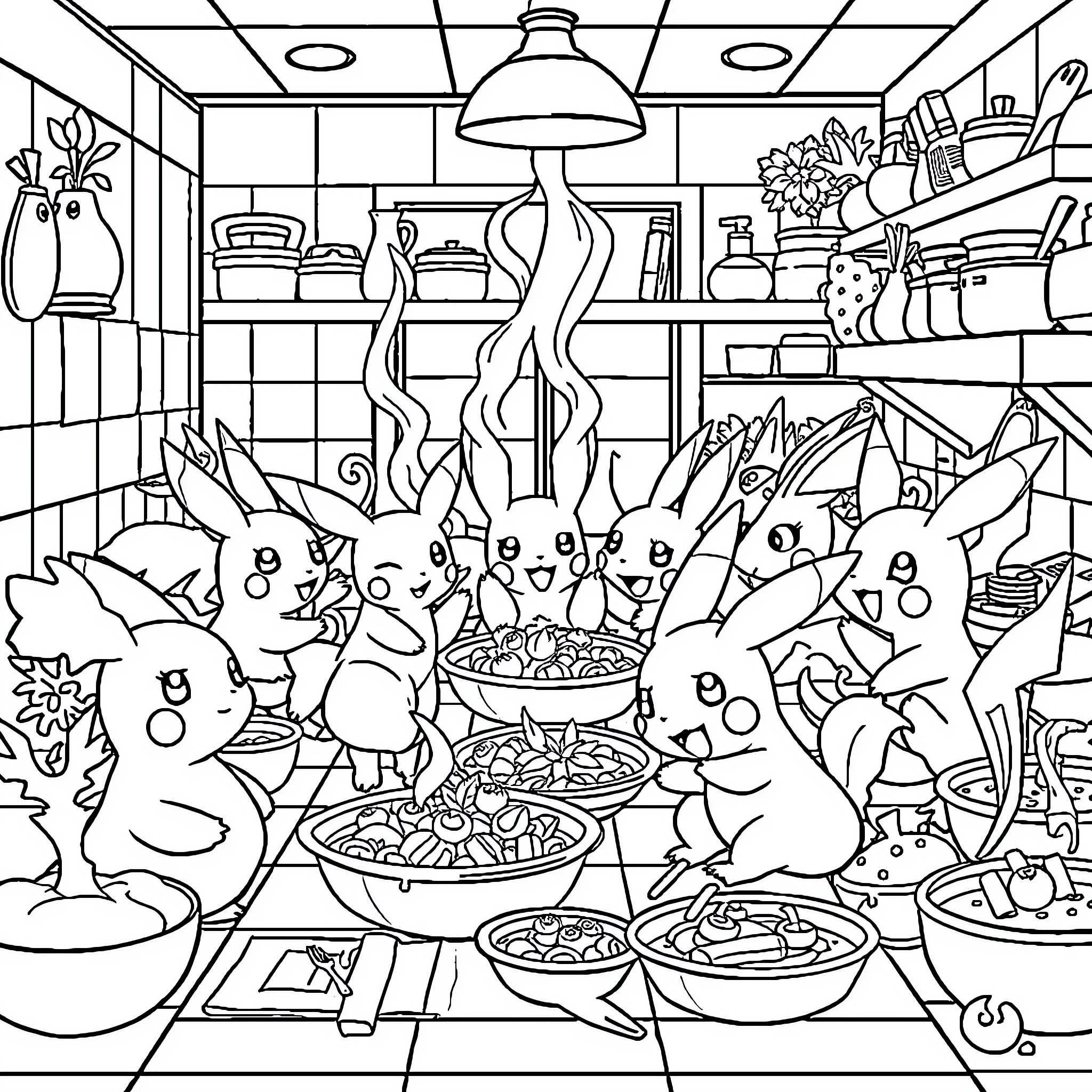 Pokémon characters enjoying a feast in a kitchen setting Coloring Page (free black-and-white line drawing printable PDF for all, from beginners to advanced learners, including children, teens, adults, and seniors)