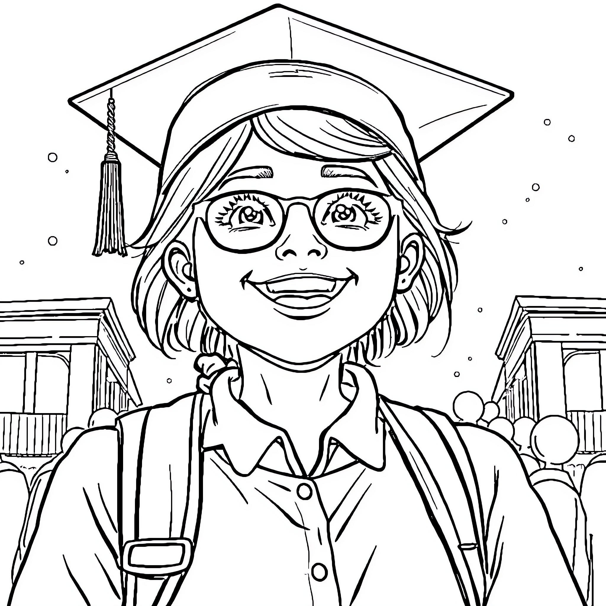 Girl celebrates graduation with cap and gown Coloring Page (free black-and-white line drawing printable PDF for all, from beginners to advanced learners, including children, teens, adults, and seniors)
