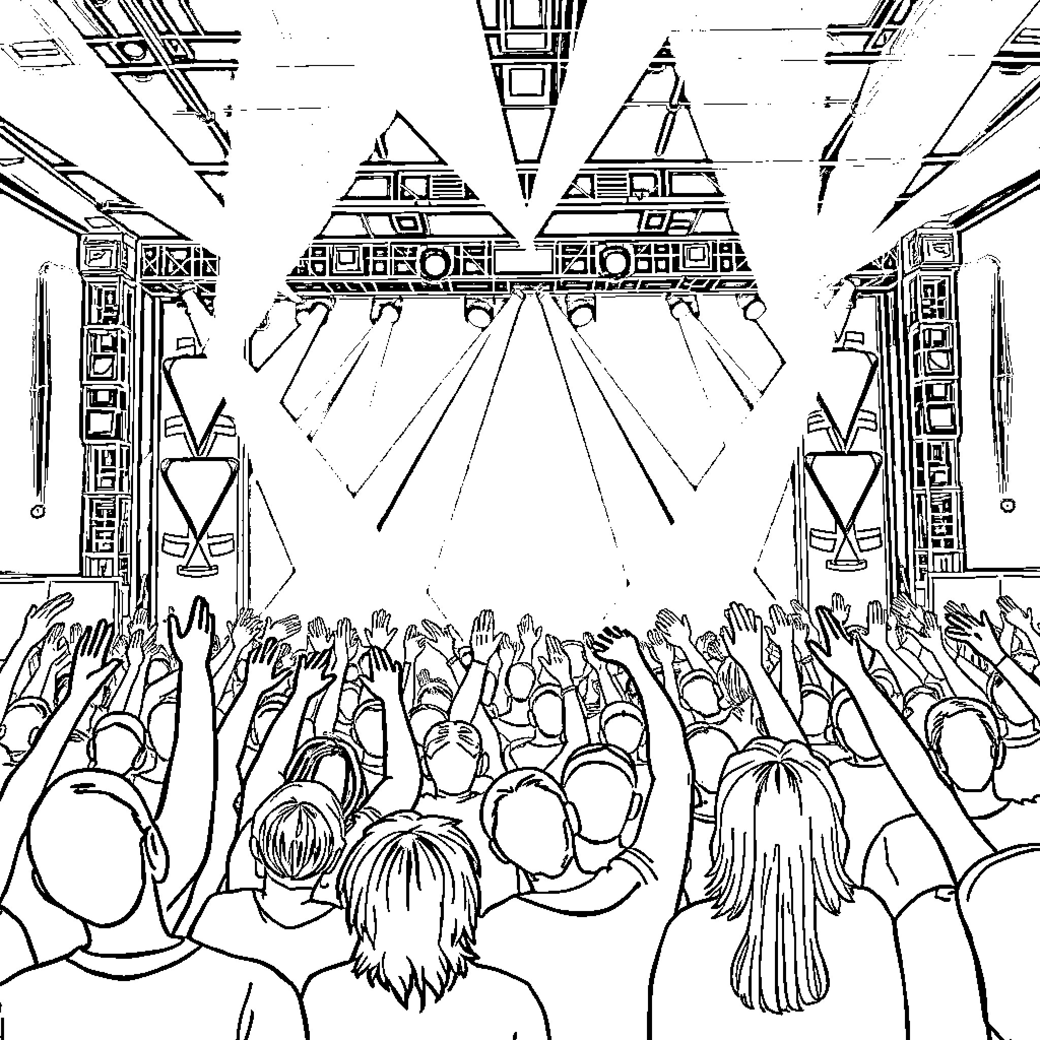K Pop Stage Performance with Crowd Cheering Coloring Page (free black-and-white line drawing printable PDF for all, from beginners to advanced learners, including children, teens, adults, and seniors)