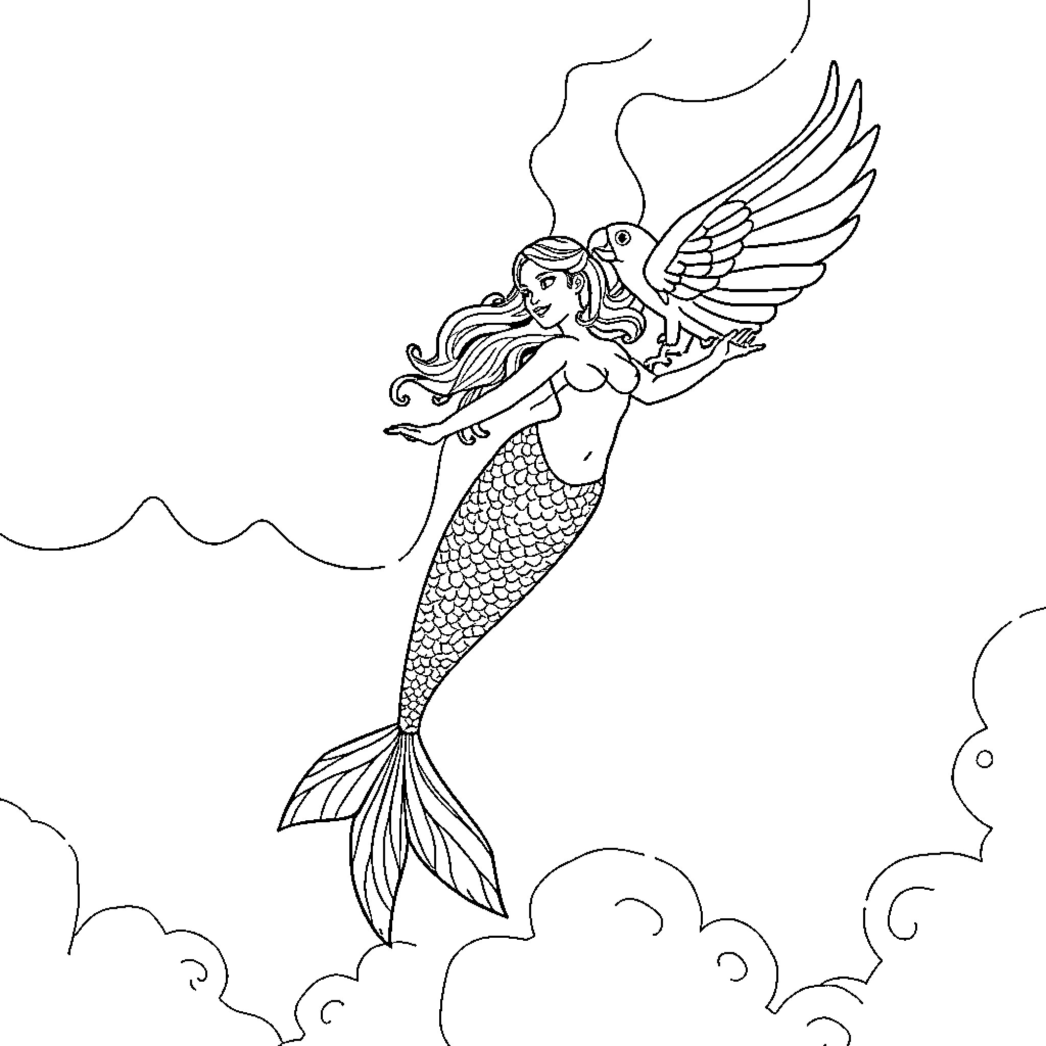 Mermaid with angelic wings soaring through the clouds Coloring Page (free black-and-white line drawing printable PDF for all, from beginners to advanced learners, including children, teens, adults, and seniors)