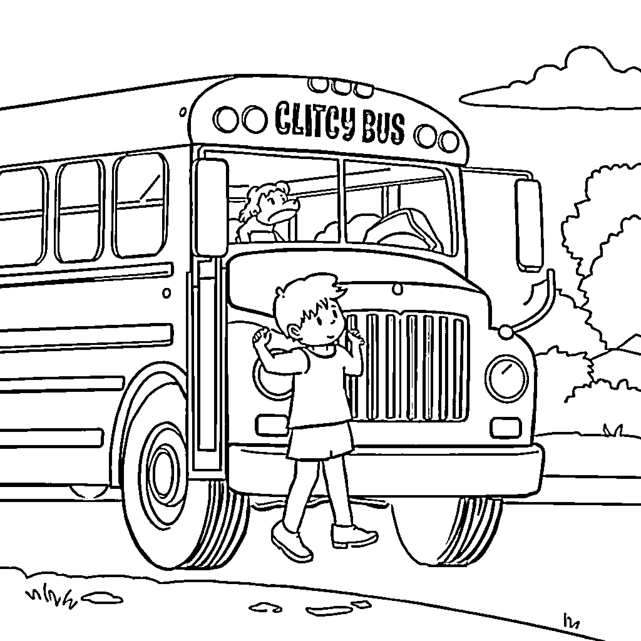 Bus with children boarding for a trip Coloring Page (free black-and-white line drawing printable PDF for all, from beginners to advanced learners, including children, teens, adults, and seniors)