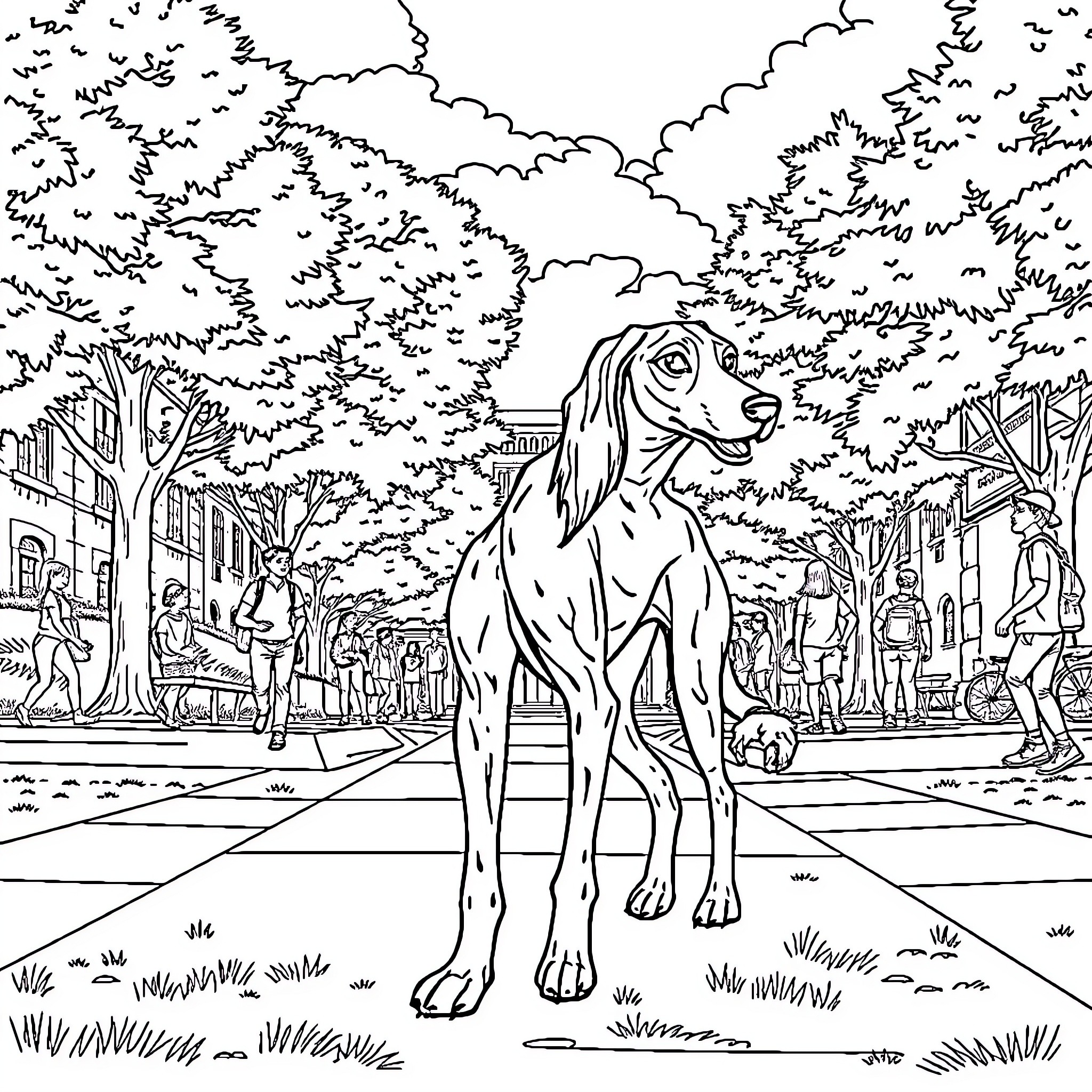 Saluki in a Bustling Town Landscape Coloring Page (free black-and-white line drawing printable PDF for all, from beginners to advanced learners, including children, teens, adults, and seniors)