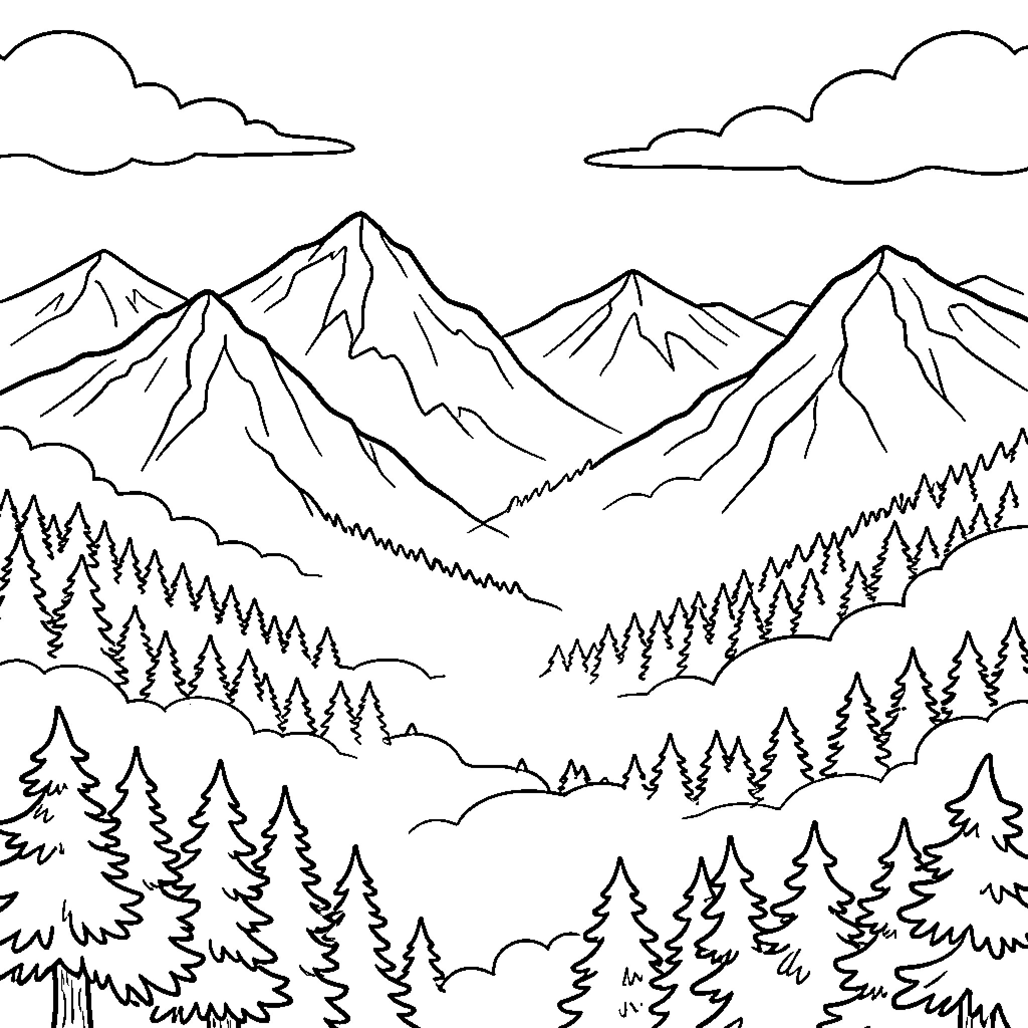 Mountain landscape with snowy peaks and evergreen forests Coloring Page (free black-and-white line drawing printable PDF for all, from beginners to advanced learners, including children, teens, adults, and seniors)