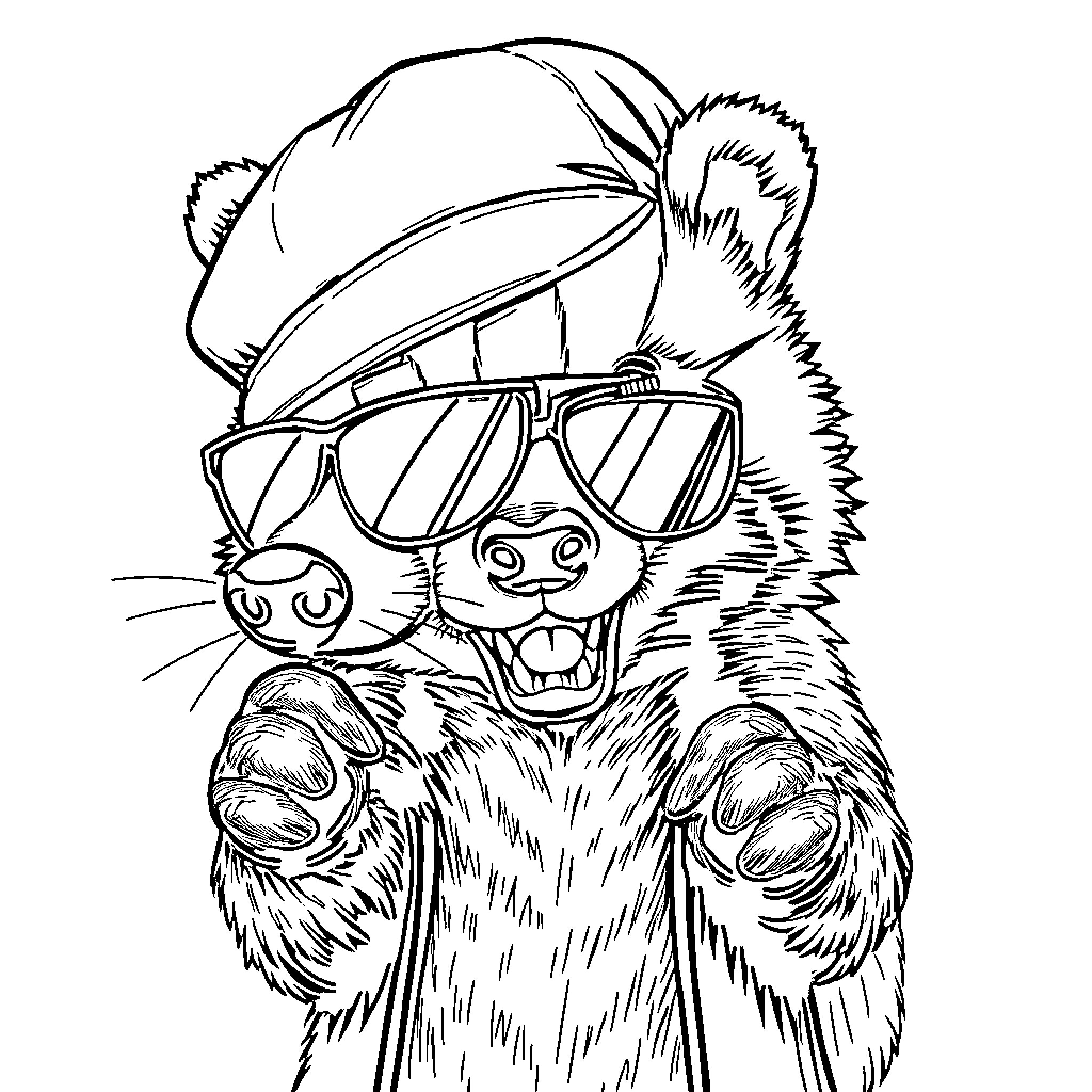 Honeybadger wearing sunglasses and a cap Coloring Page (free black-and-white line drawing printable PDF for all, from beginners to advanced learners, including children, teens, adults, and seniors)