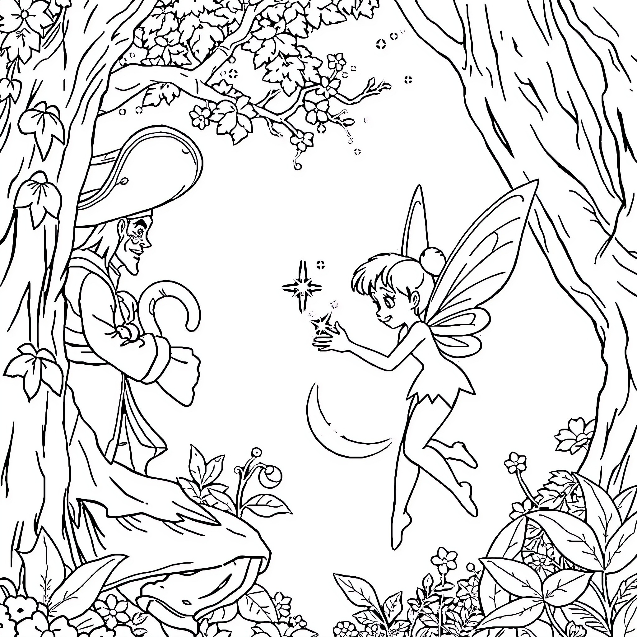 Tinkerbell and Fairy Friends in Enchanted Forest Coloring Page (free black-and-white line drawing printable PDF for all, from beginners to advanced learners, including children, teens, adults, and seniors)