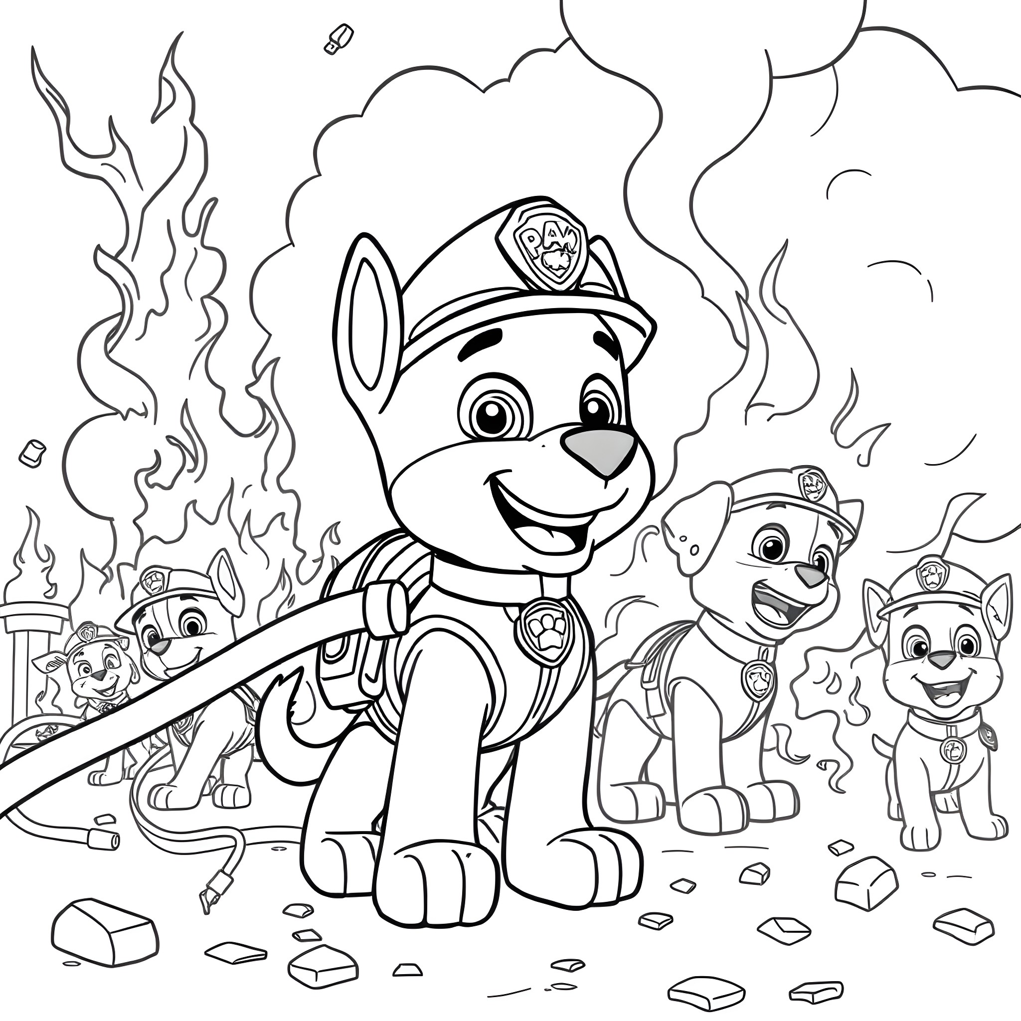 Marshall and the Paw Patrol Team Facing Firefighting Challenge Coloring Page (free black-and-white line drawing printable PDF for all, from beginners to advanced learners, including children, teens, adults, and seniors)