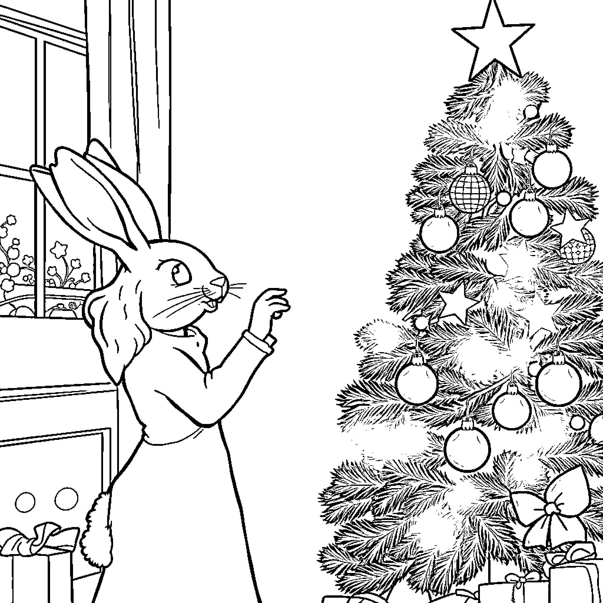 Rabbit decorating the Christmas tree Coloring Page (free black-and-white line drawing printable PDF for all, from beginners to advanced learners, including children, teens, adults, and seniors)