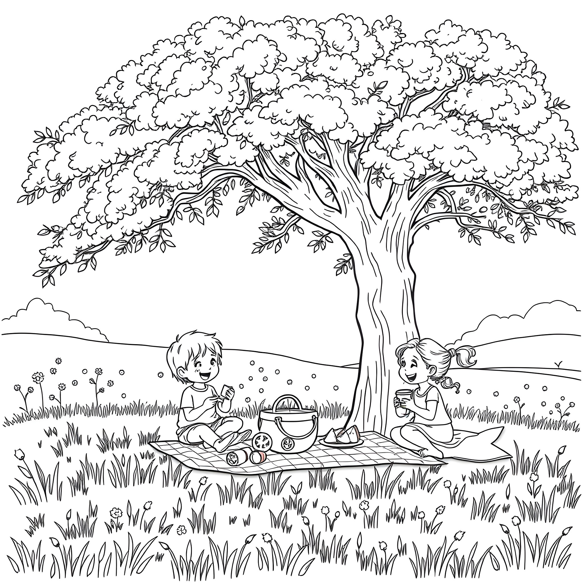 Watermelon Picnic Under Shady Tree Coloring Page (free black-and-white line drawing printable PDF for all, from beginners to advanced learners, including children, teens, adults, and seniors)