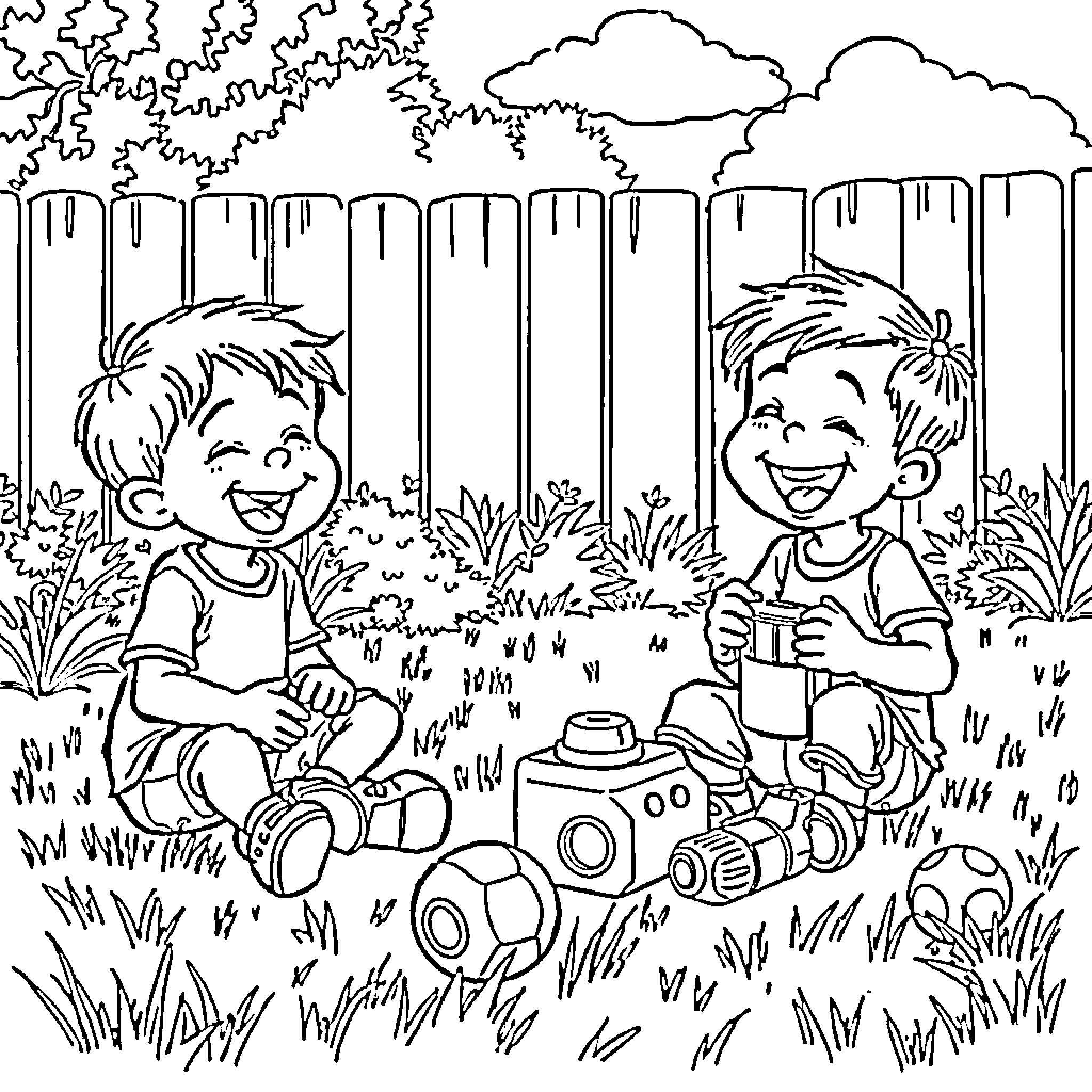 Children playing with toy cars in the yard Coloring Page (free black-and-white line drawing printable PDF for all, from beginners to advanced learners, including children, teens, adults, and seniors)