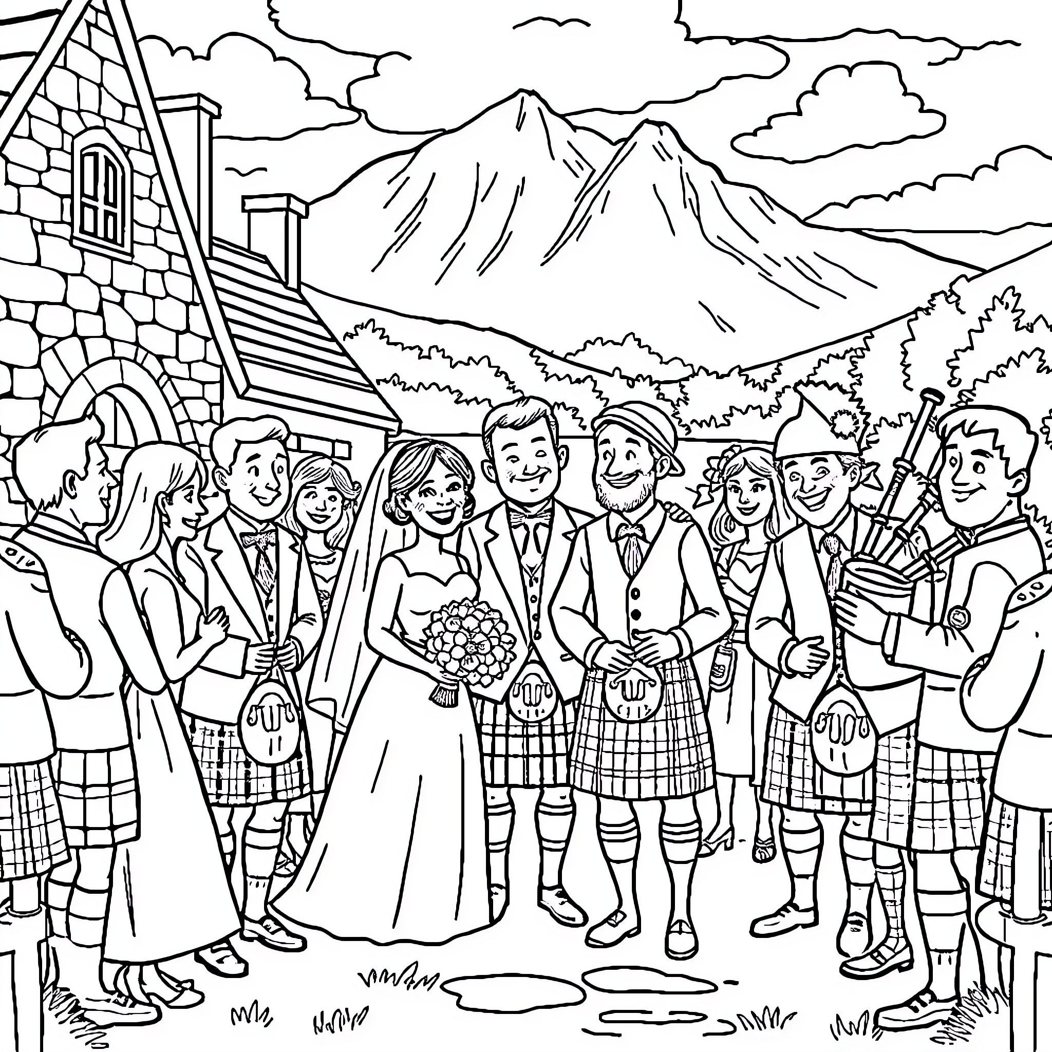 Wedding Celebration in Scenic Mountain Setting Coloring Page (free black-and-white line drawing printable PDF for all, from beginners to advanced learners, including children, teens, adults, and seniors)