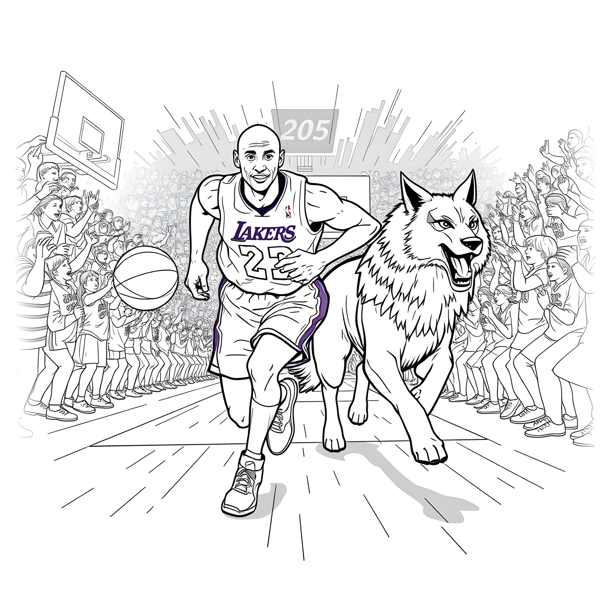 Kobe Bryant playing basketball with a wolf on the court Coloring Page (free black-and-white line drawing printable PDF for all, from beginners to advanced learners, including children, teens, adults, and seniors)