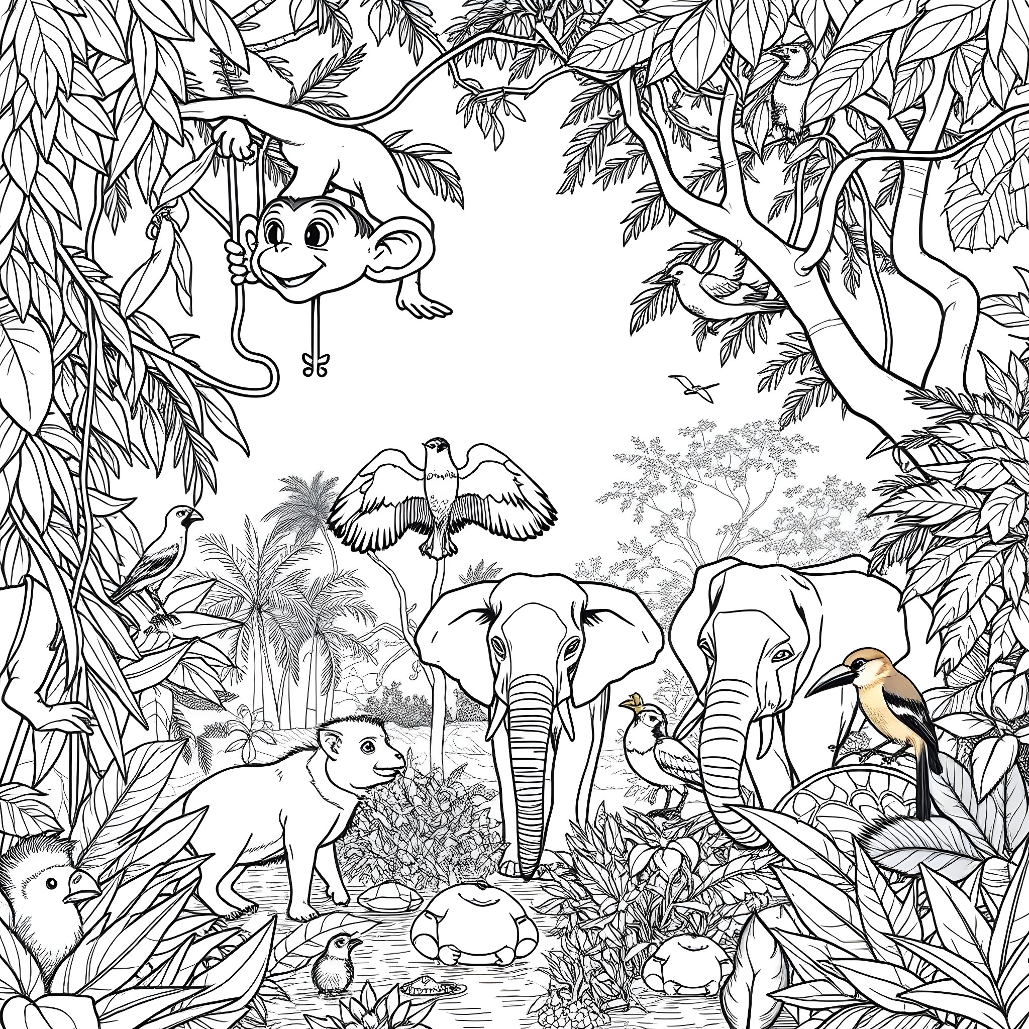 Animal Friends in the Lush Jungle Coloring Page (free black-and-white line drawing printable PDF for all, from beginners to advanced learners, including children, teens, adults, and seniors)