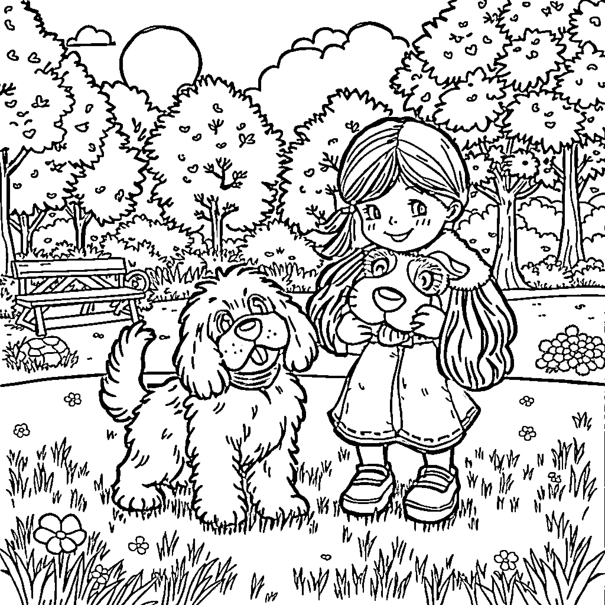 My Melody and Her Furry Friend in the Park Coloring Page (free black-and-white line drawing printable PDF for all, from beginners to advanced learners, including children, teens, adults, and seniors)