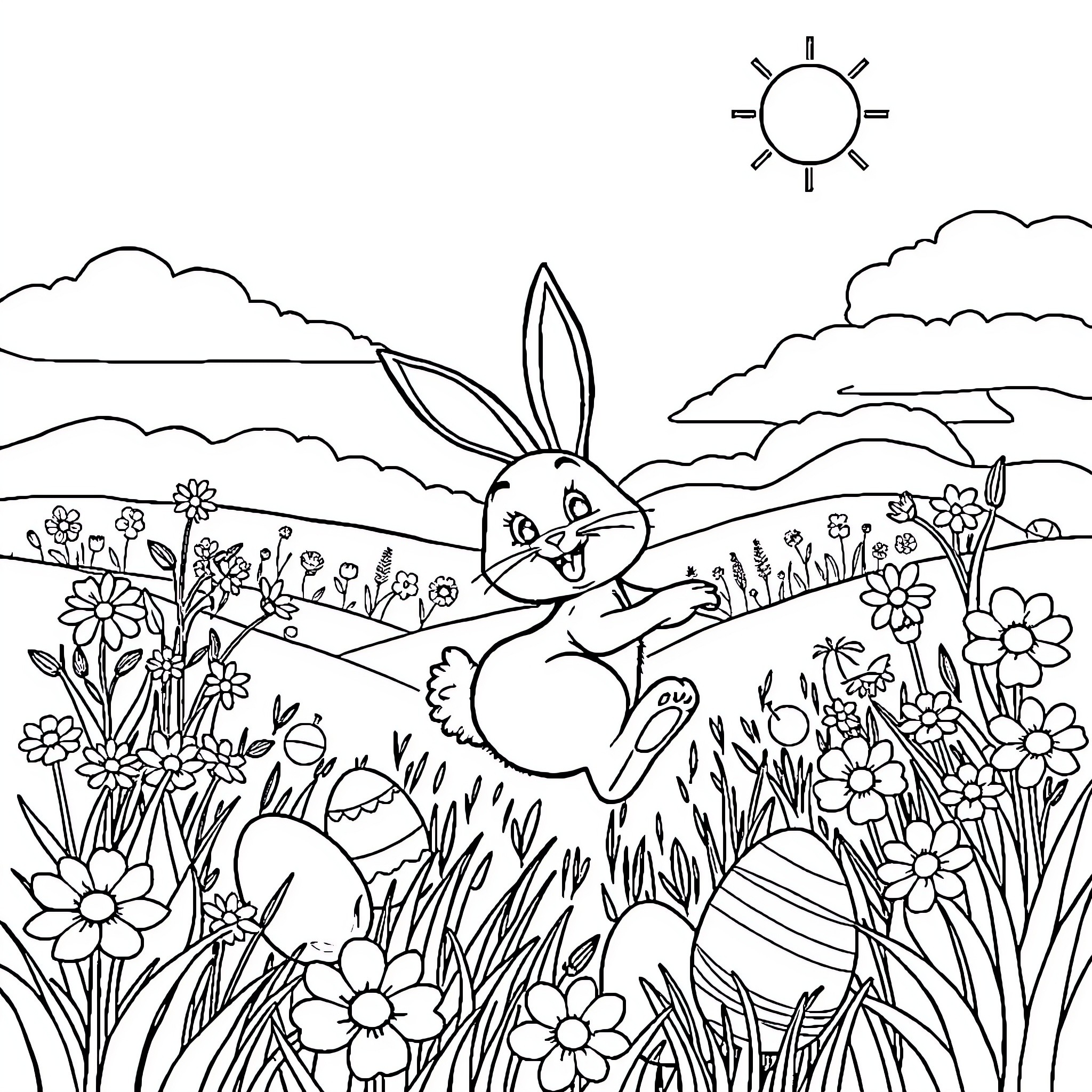 Bunny enjoying a sunny day in the flower garden Coloring Page (free black-and-white line drawing printable PDF for all, from beginners to advanced learners, including children, teens, adults, and seniors)