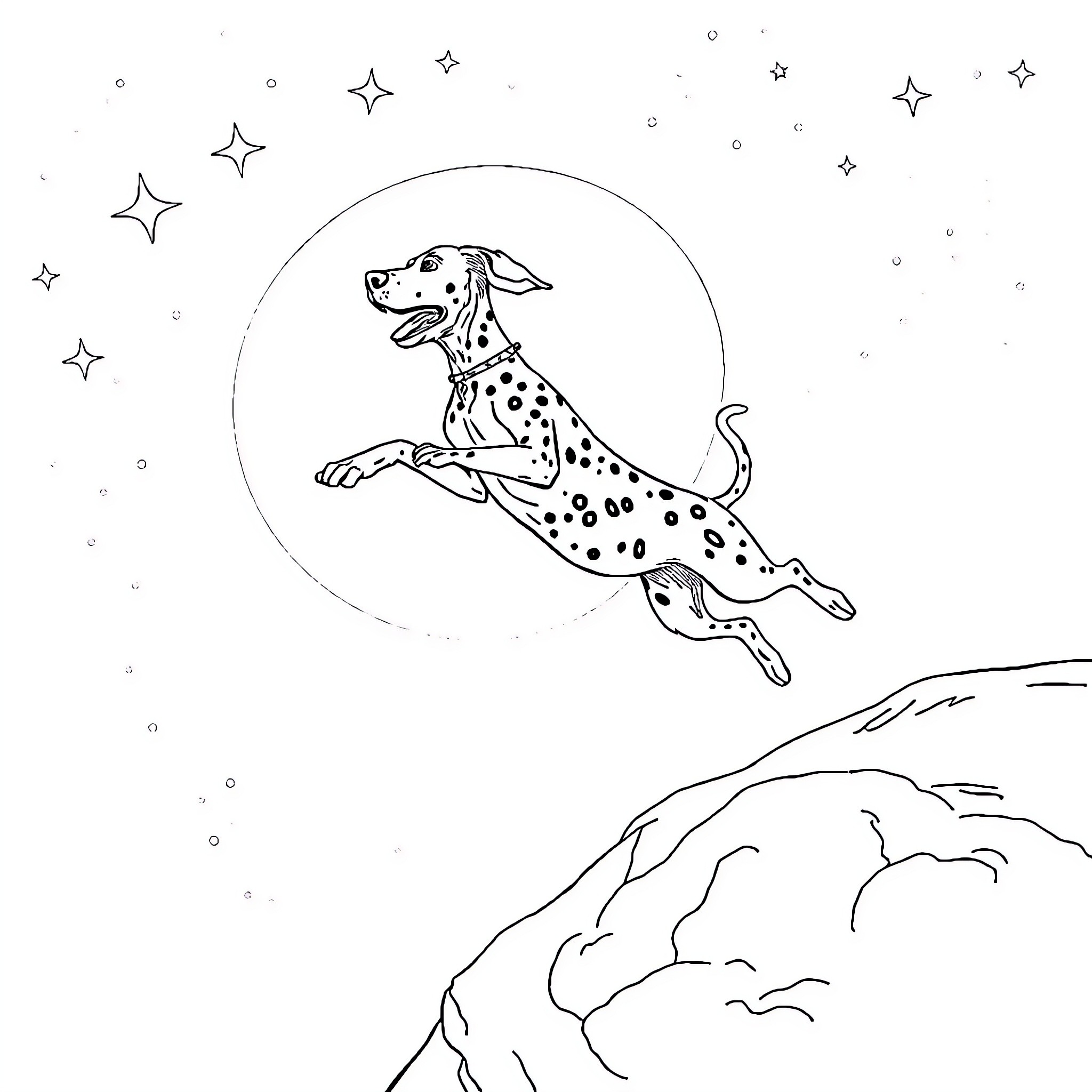 German Shorthaired Pointer jumping playfully under starry night Coloring Page (free black-and-white line drawing printable PDF for all, from beginners to advanced learners, including children, teens, adults, and seniors)