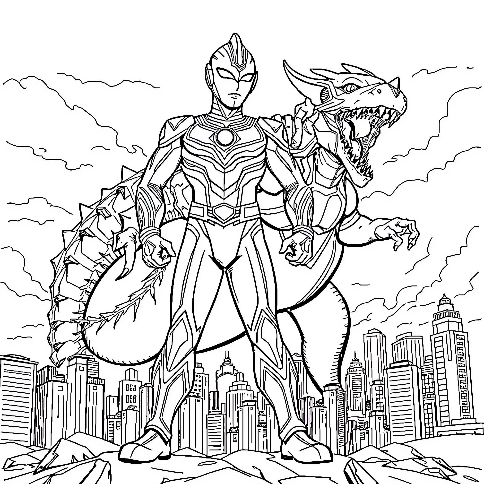Ultraman battling a fierce dragon in a towering city Coloring Page (free black-and-white line drawing printable PDF for all, from beginners to advanced learners, including children, teens, adults, and seniors)