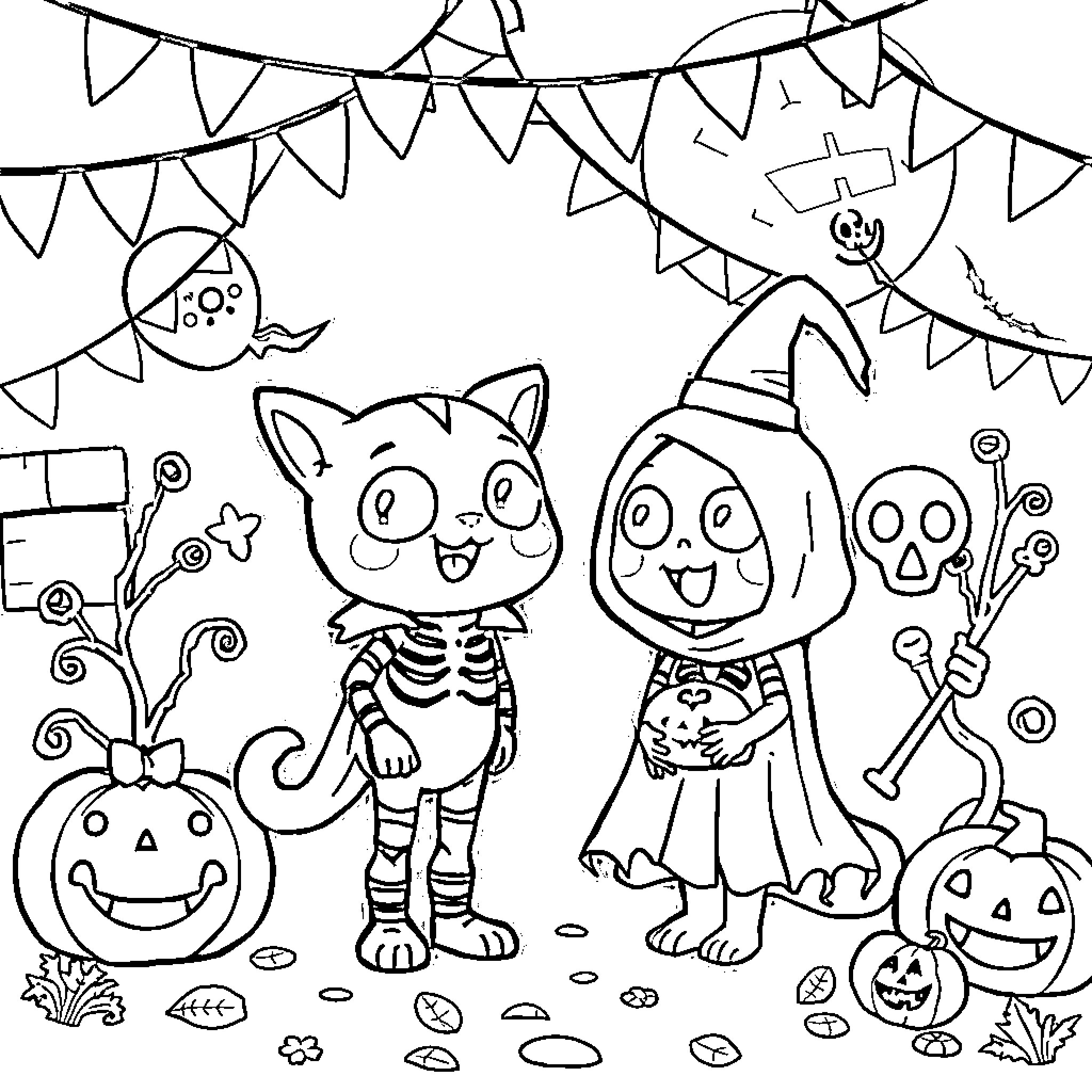 Gabychat: Festive Halloween celebration with friends Coloring Page (free black-and-white line drawing printable PDF for all, from beginners to advanced learners, including children, teens, adults, and seniors)