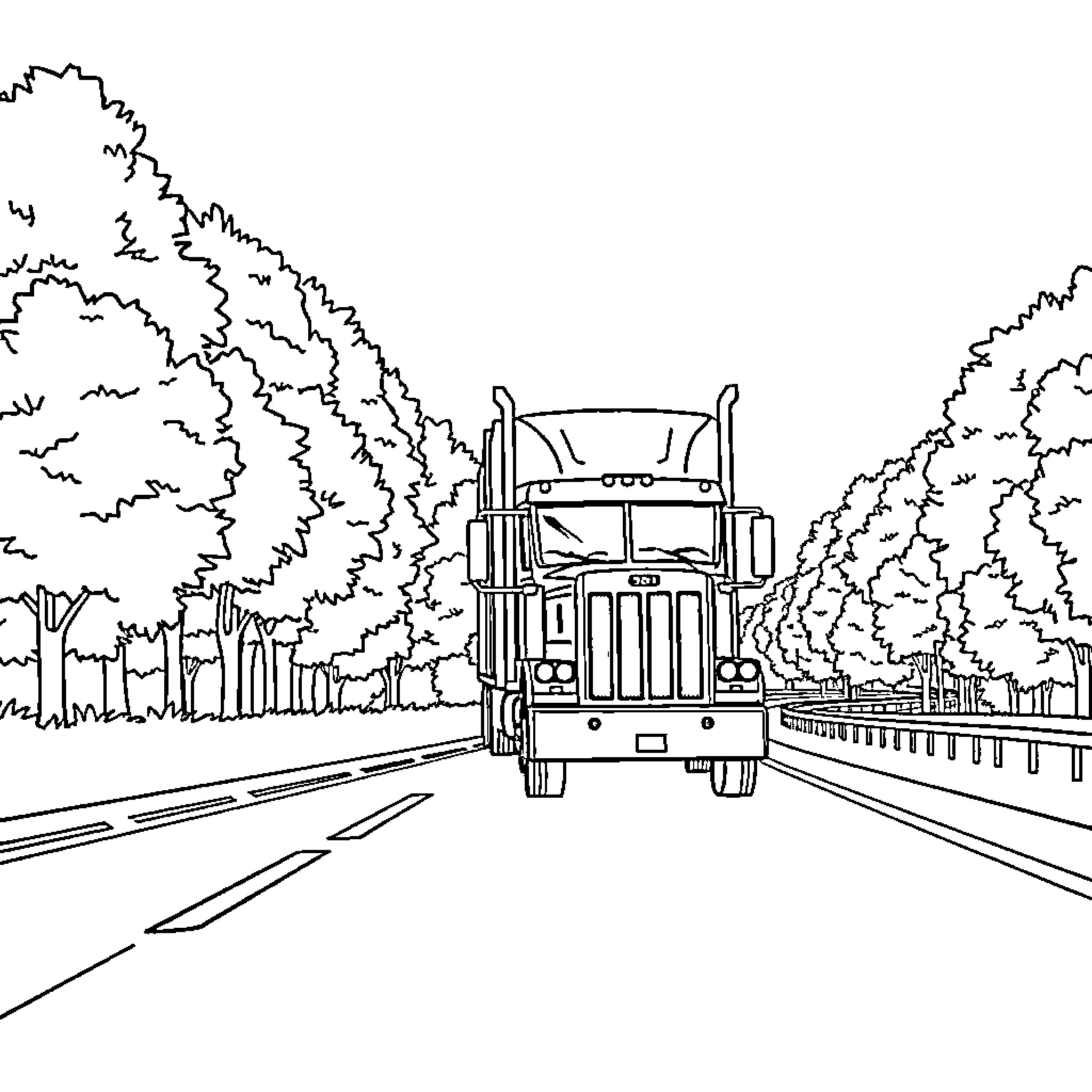 18 Wheeler Transporting Goods on Winding Mountain Road Coloring Page (free black-and-white line drawing printable PDF for all, from beginners to advanced learners, including children, teens, adults, and seniors)
