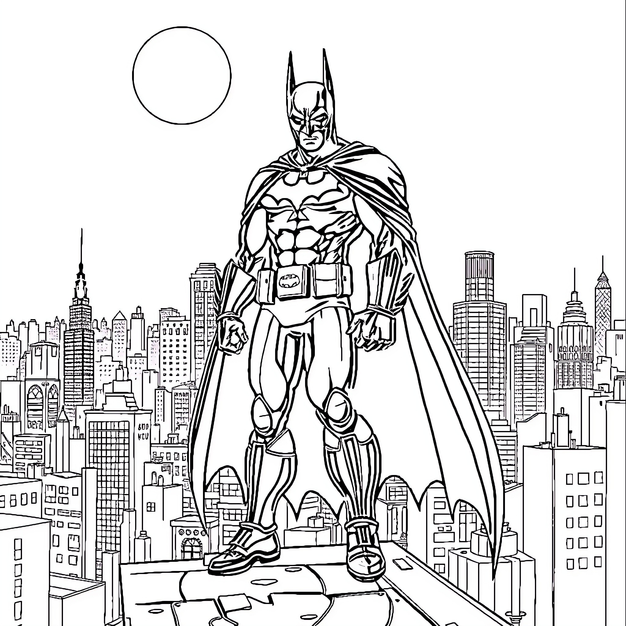 Batman standing heroically over Gotham City Coloring Page (free black-and-white line drawing printable PDF for all, from beginners to advanced learners, including children, teens, adults, and seniors)