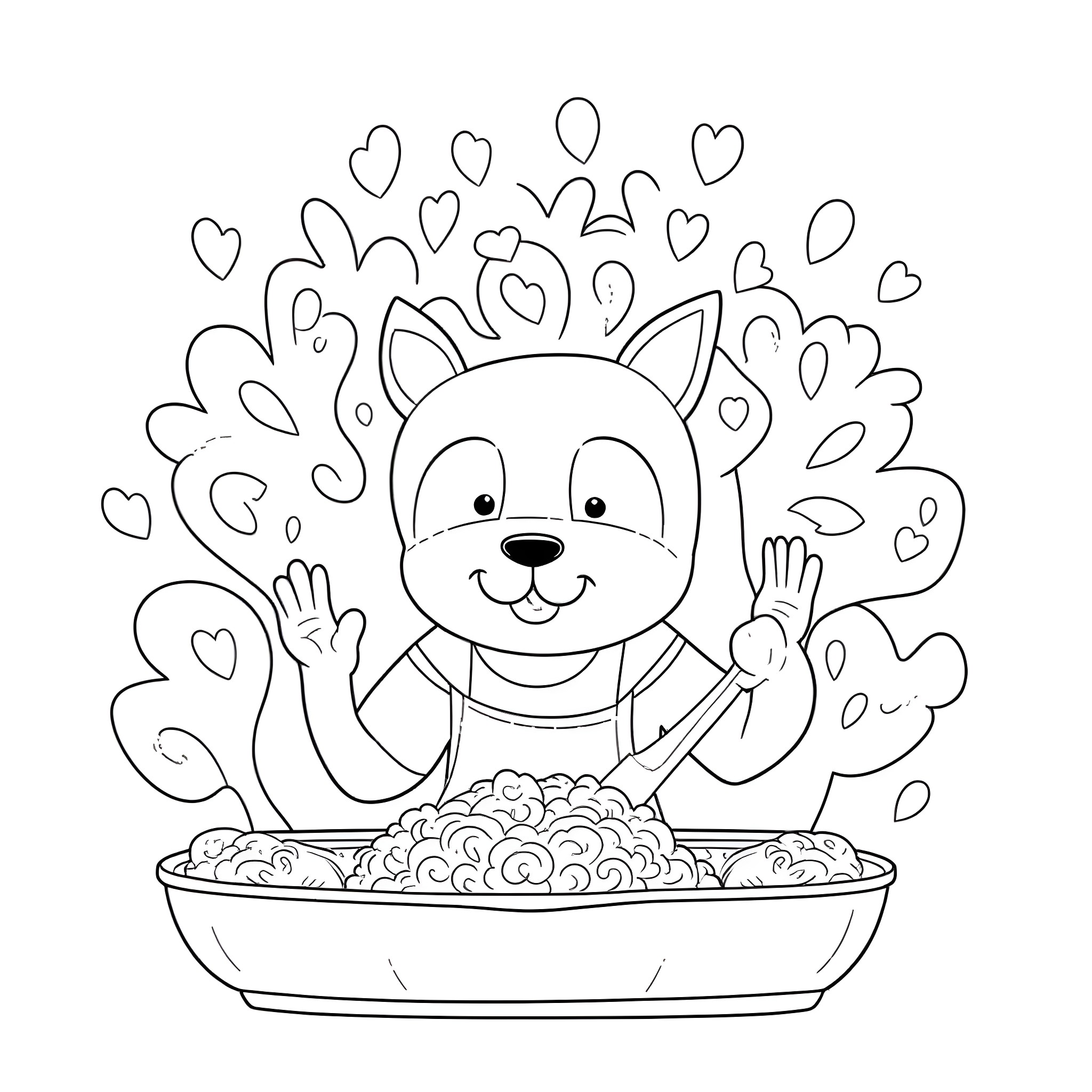 Food Safety: Chef Cat Prepares Meal with Hearts Coloring Page (free black-and-white line drawing printable PDF for all, from beginners to advanced learners, including children, teens, adults, and seniors)