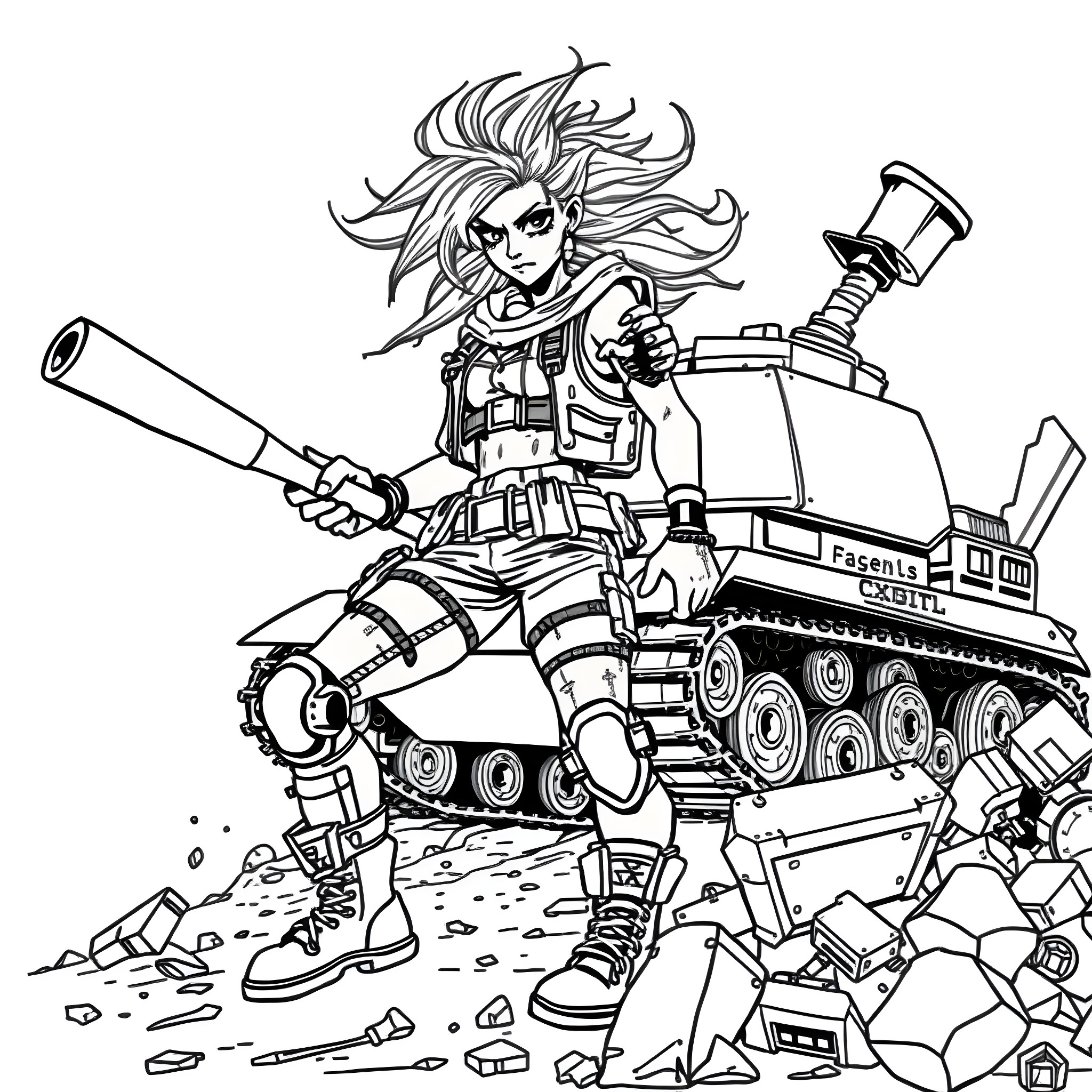 Tank Girl in Action-Packed Encounter Coloring Page (free black-and-white line drawing printable PDF for all, from beginners to advanced learners, including children, teens, adults, and seniors)