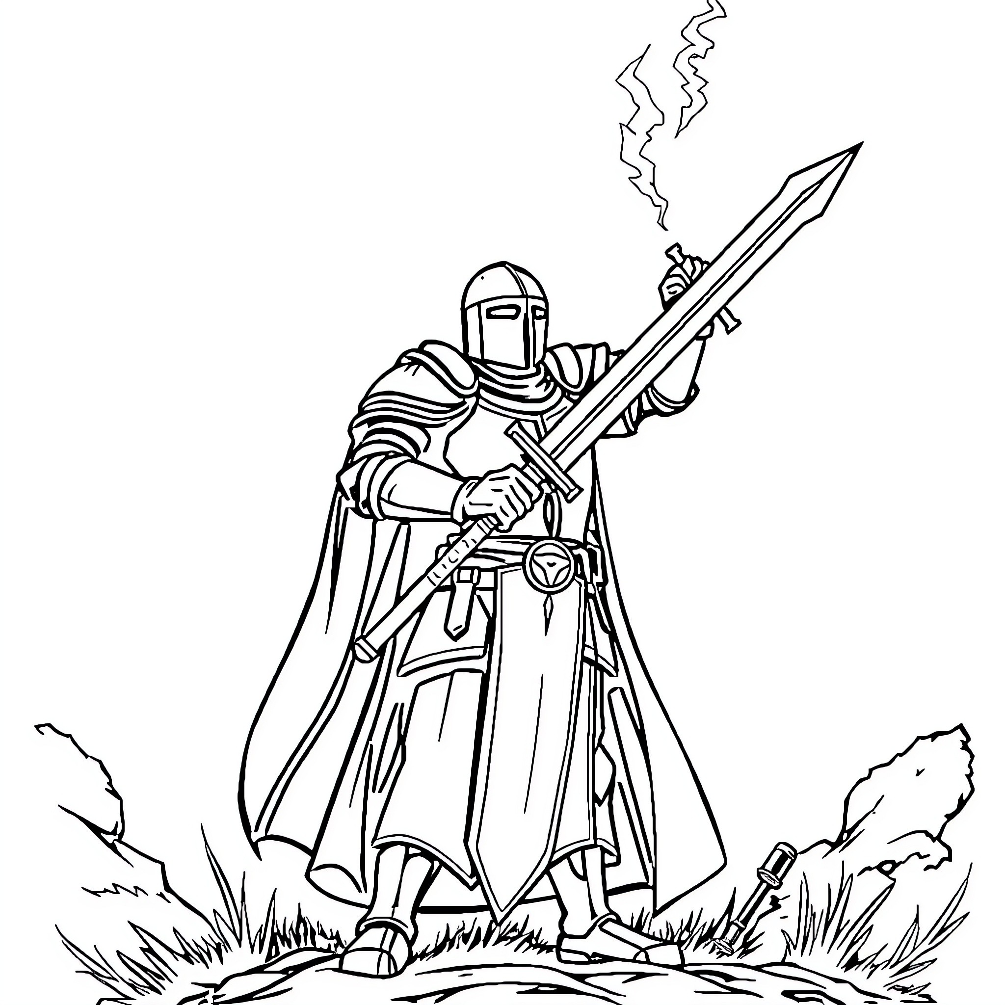Knight standing tall with a glowing sword Coloring Page (free black-and-white line drawing printable PDF for all, from beginners to advanced learners, including children, teens, adults, and seniors)