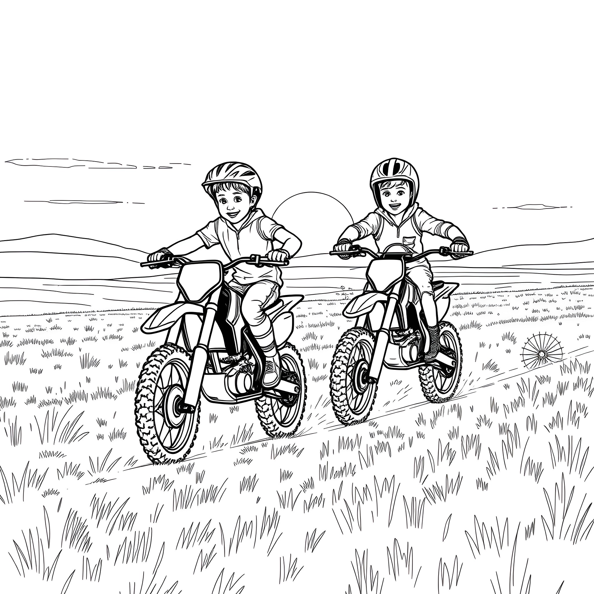 Brothers Enjoying Dirt Bike Adventure Coloring Page (free black-and-white line drawing printable PDF for all, from beginners to advanced learners, including children, teens, adults, and seniors)