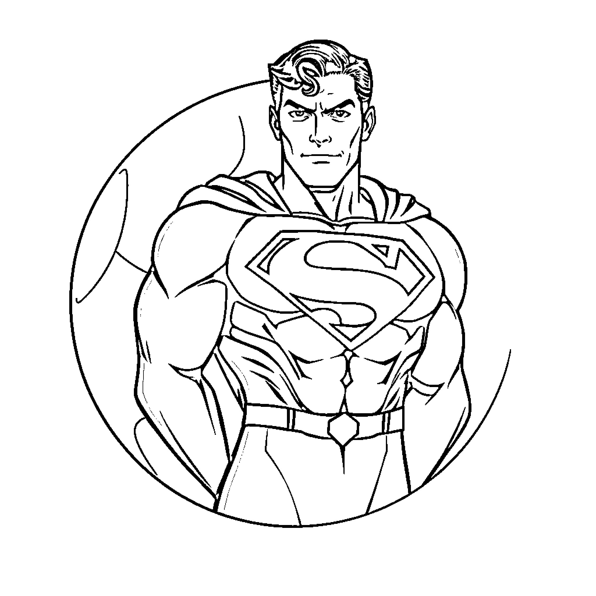 Superman stands heroically in black and white Coloring Page (free black-and-white line drawing printable PDF for all, from beginners to advanced learners, including children, teens, adults, and seniors)