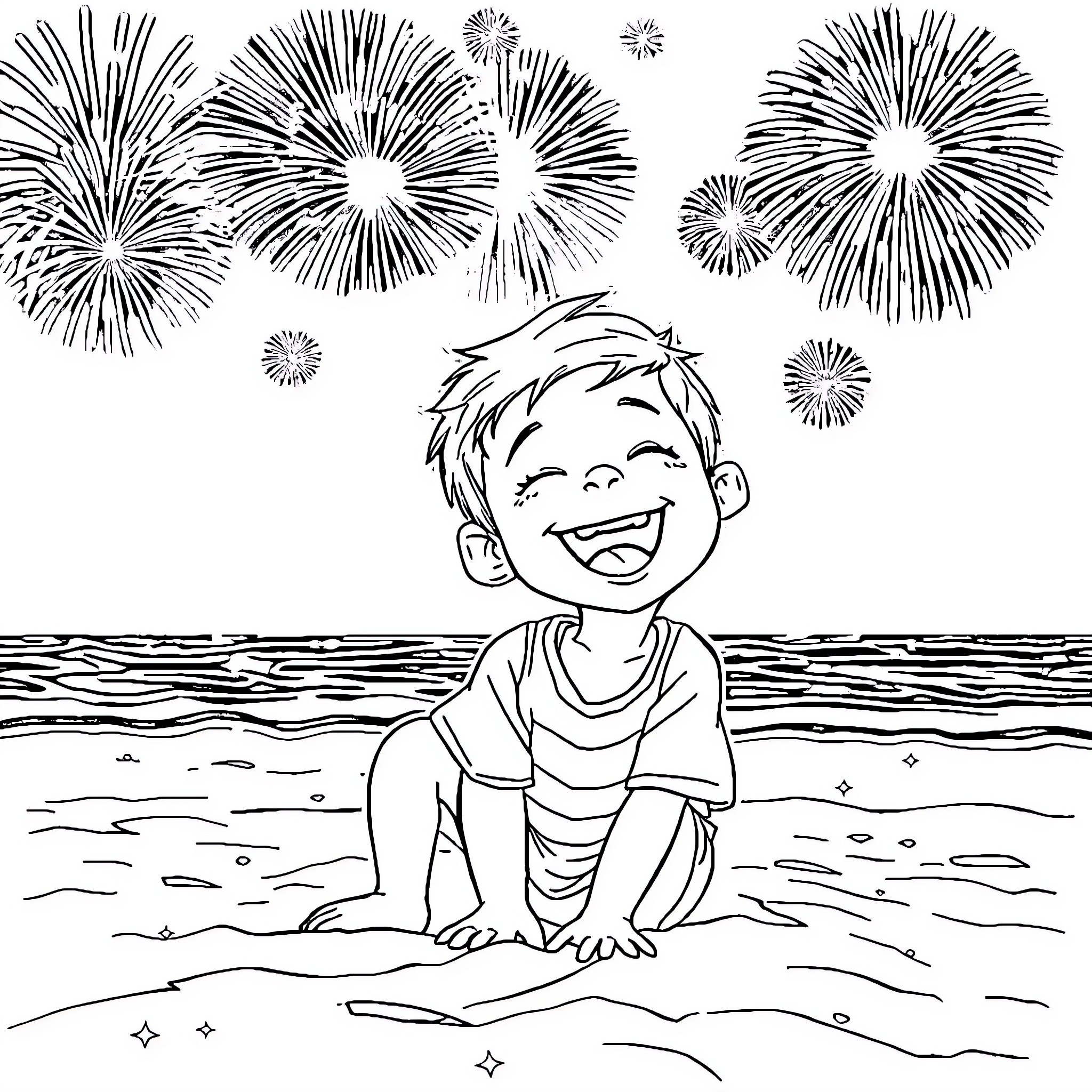 Boy enjoying fireworks display at the beach Coloring Page (free black-and-white line drawing printable PDF for all, from beginners to advanced learners, including children, teens, adults, and seniors)
