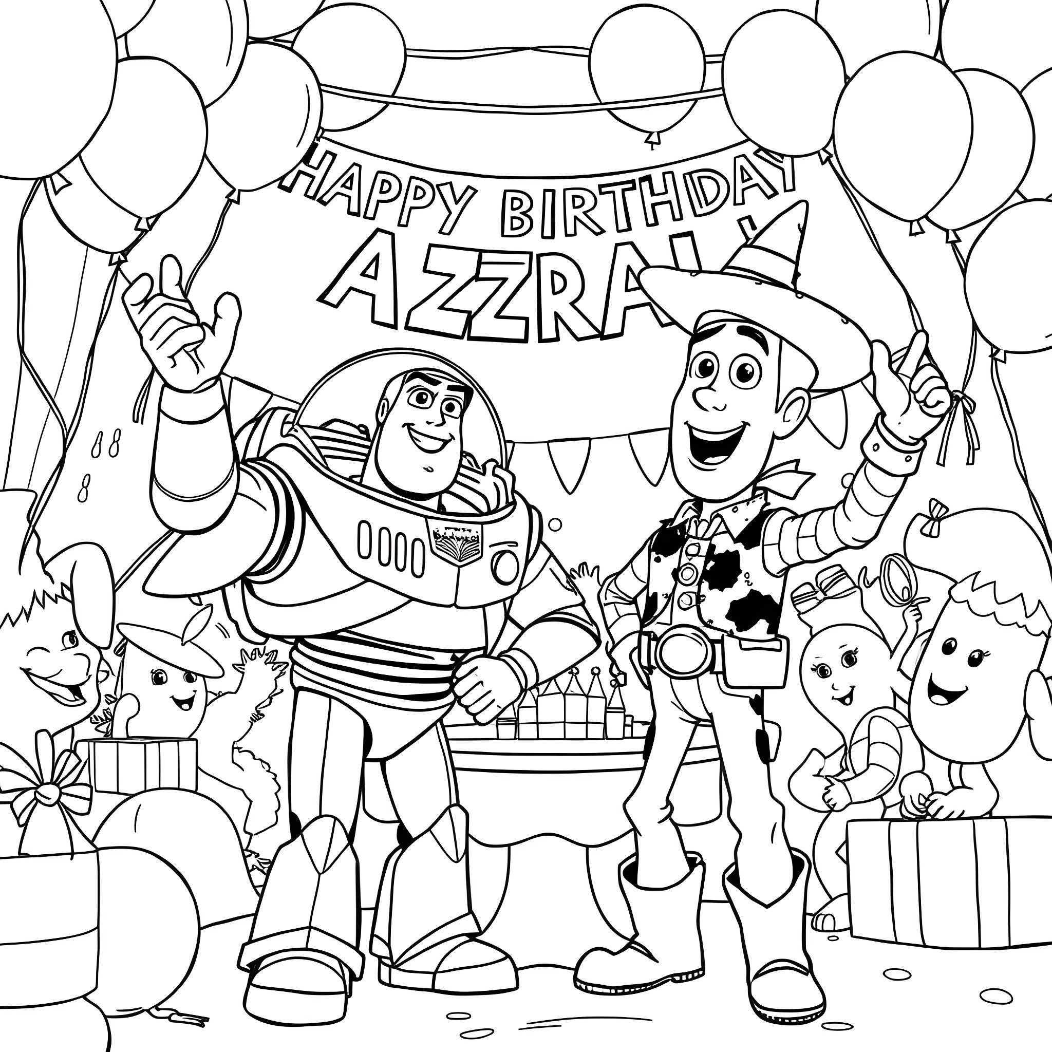 Buzz and Woody celebrate Azzra's happy birthday party Coloring Page (free black-and-white line drawing printable PDF for all, from beginners to advanced learners, including children, teens, adults, and seniors)