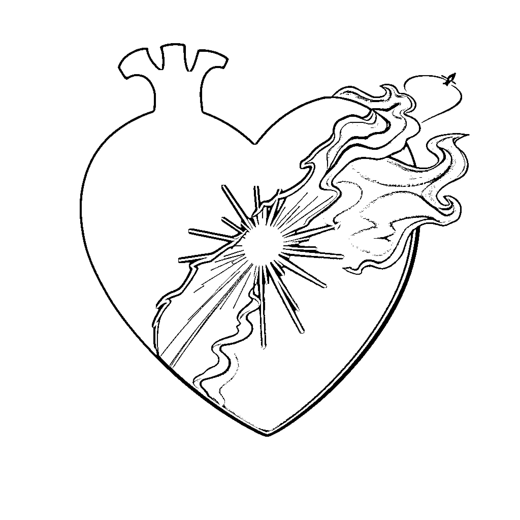 Heart with Burst of Radiance Coloring Page (free black-and-white line drawing printable PDF for all, from beginners to advanced learners, including children, teens, adults, and seniors)