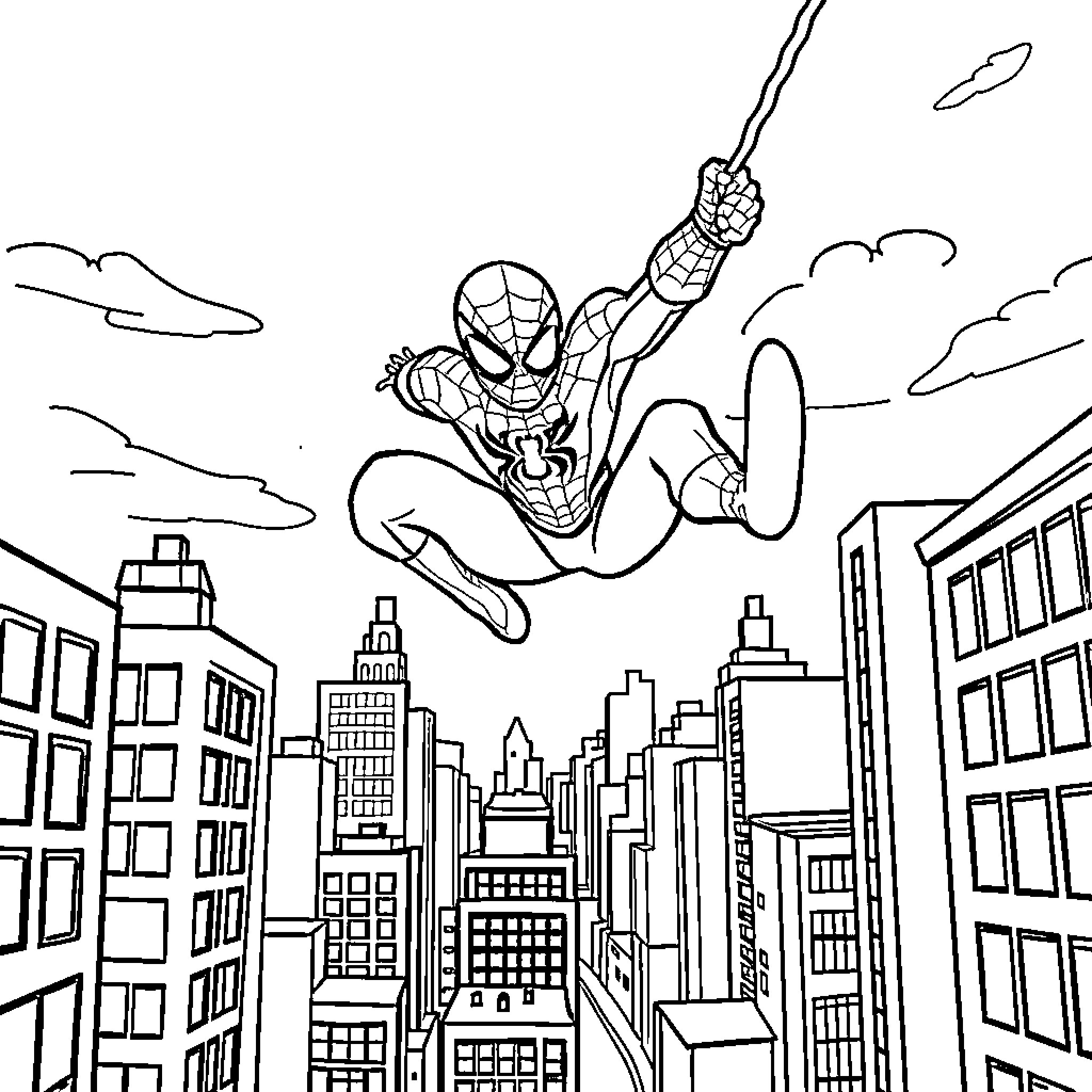 Spiderman swinging through the cityscape Coloring Page (free black-and-white line drawing printable PDF for all, from beginners to advanced learners, including children, teens, adults, and seniors)