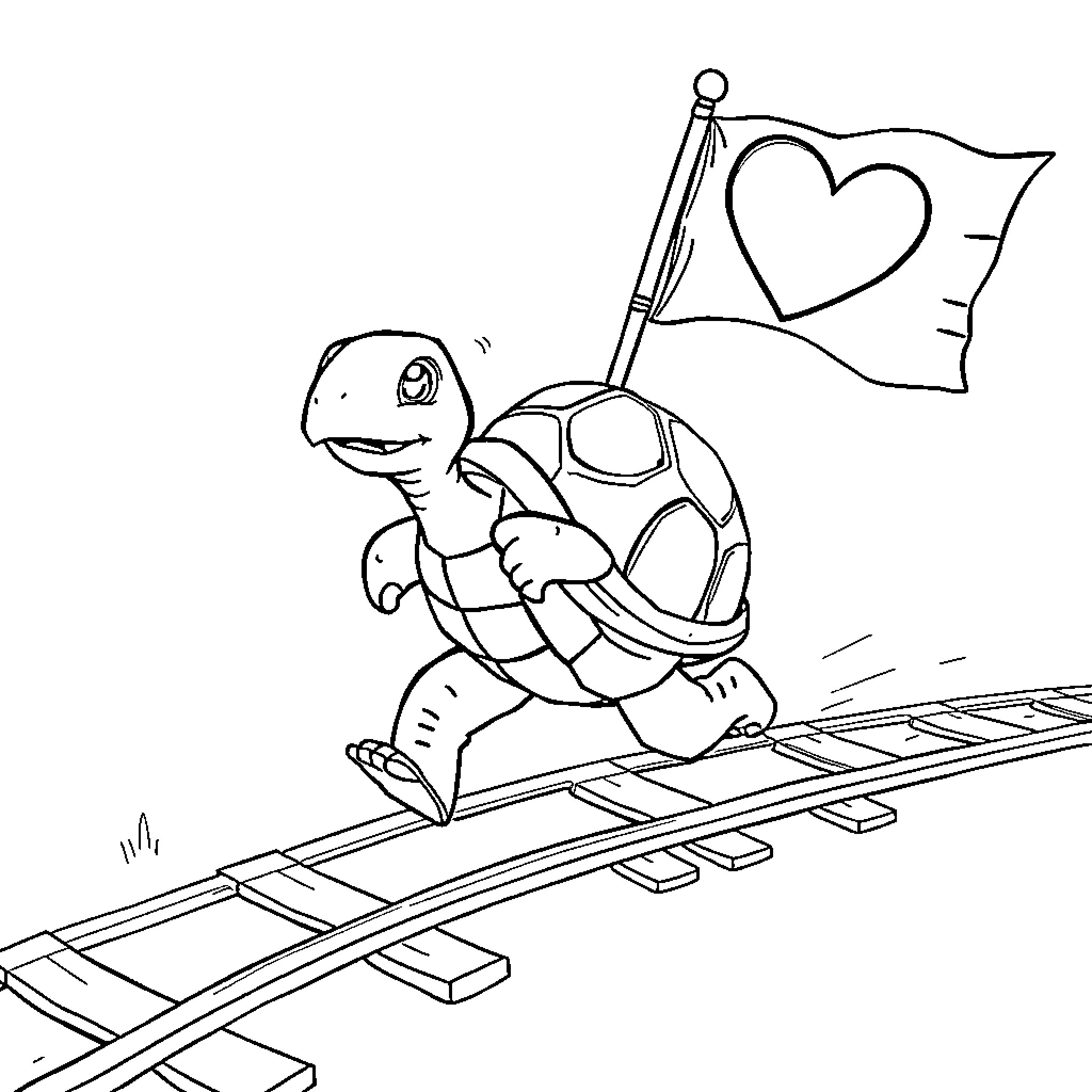 Turtle carrying a heart-shaped flag on a railway Coloring Page (free black-and-white line drawing printable PDF for all, from beginners to advanced learners, including children, teens, adults, and seniors)