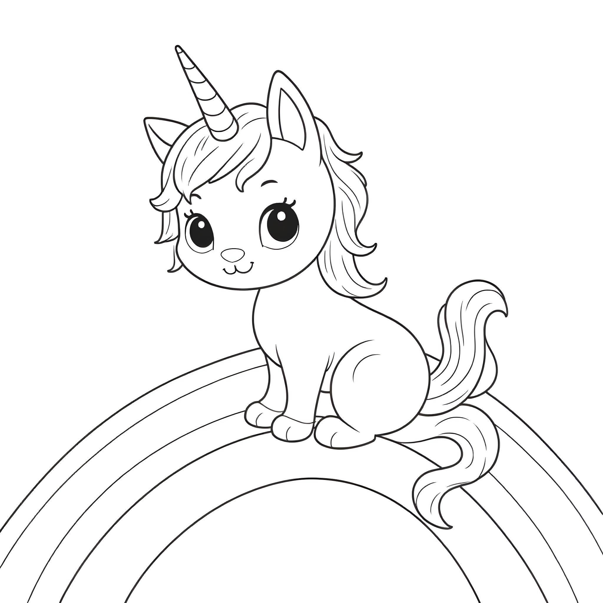 Unicorn Cat sitting on a rainbow Coloring Page (free black-and-white line drawing printable PDF for all, from beginners to advanced learners, including children, teens, adults, and seniors)