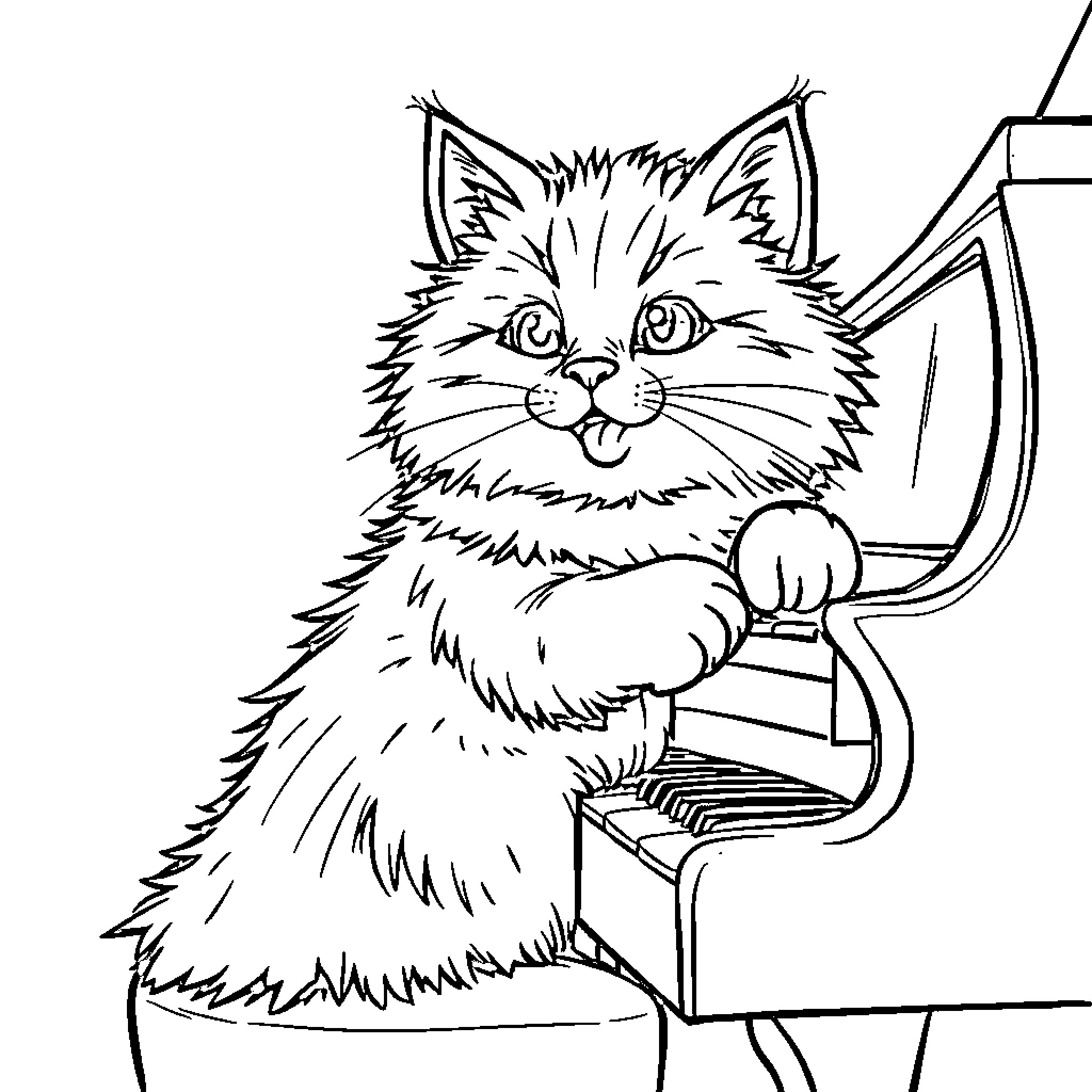 Cat playing piano on a chair Coloring Page (free black-and-white line drawing printable PDF for all, from beginners to advanced learners, including children, teens, adults, and seniors)