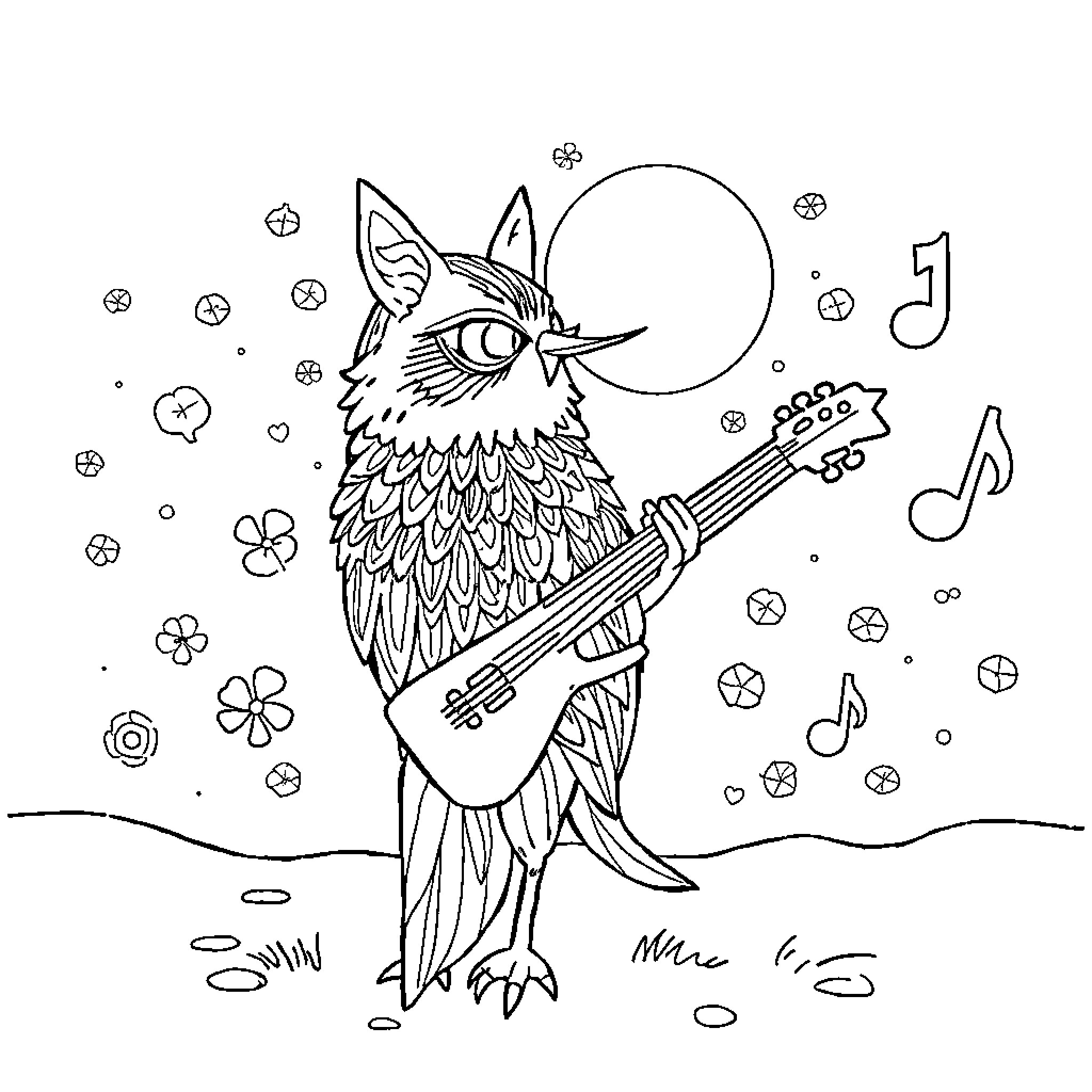 Music of the Whimsical Woodland Creature Coloring Page (free black-and-white line drawing printable PDF for all, from beginners to advanced learners, including children, teens, adults, and seniors)