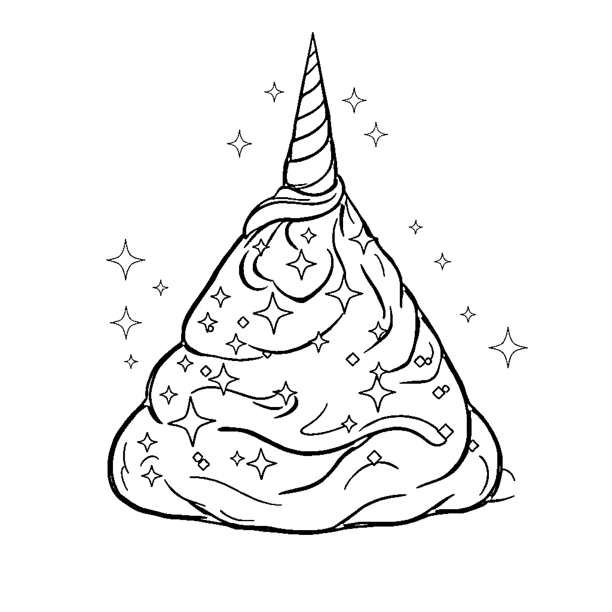 Unicorn with Magical Swirls and Glittering Stars Coloring Page (free black-and-white line drawing printable PDF for all, from beginners to advanced learners, including children, teens, adults, and seniors)