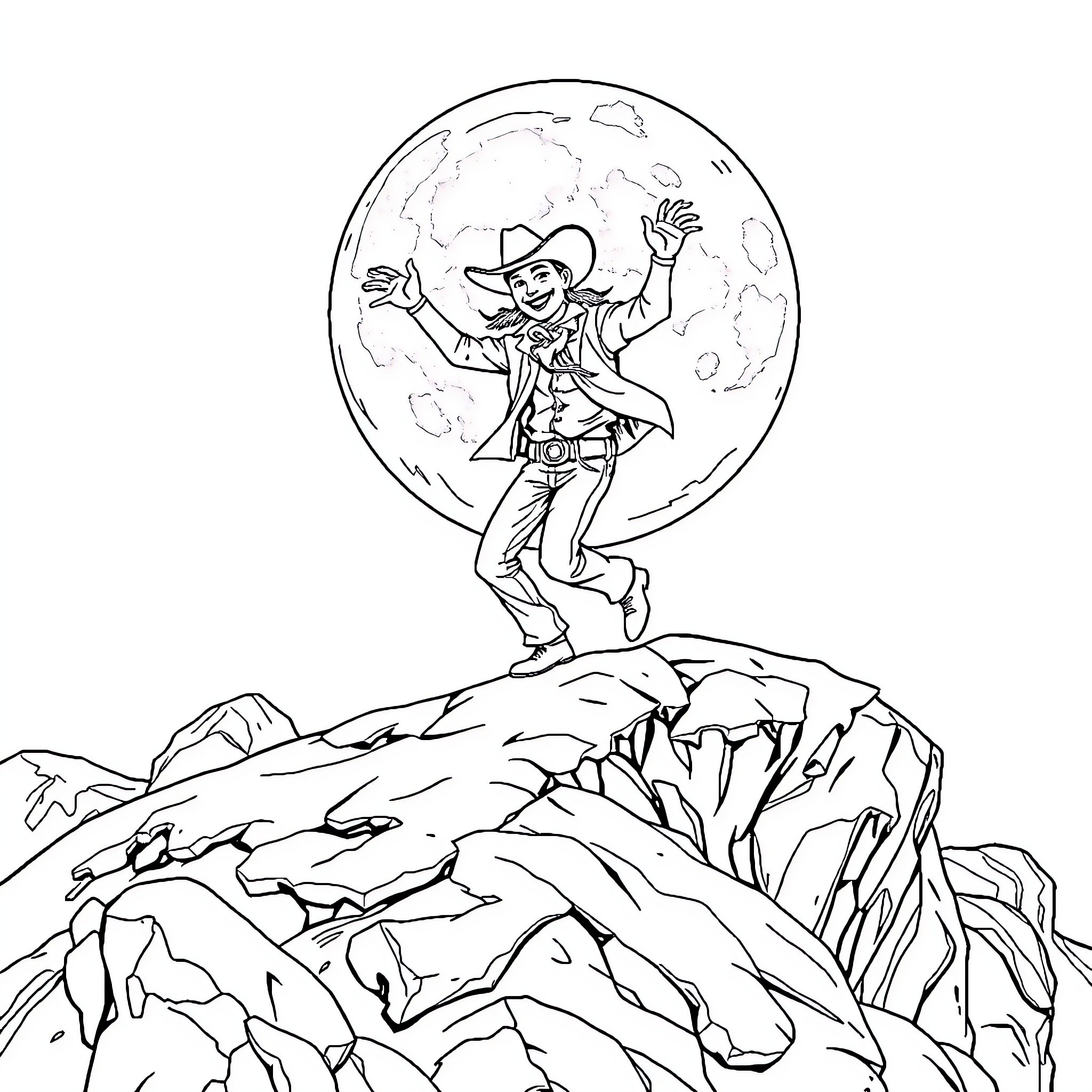Cowboy celebrating under the moonlight on a rocky landscape Coloring Page (free black-and-white line drawing printable PDF for all, from beginners to advanced learners, including children, teens, adults, and seniors)