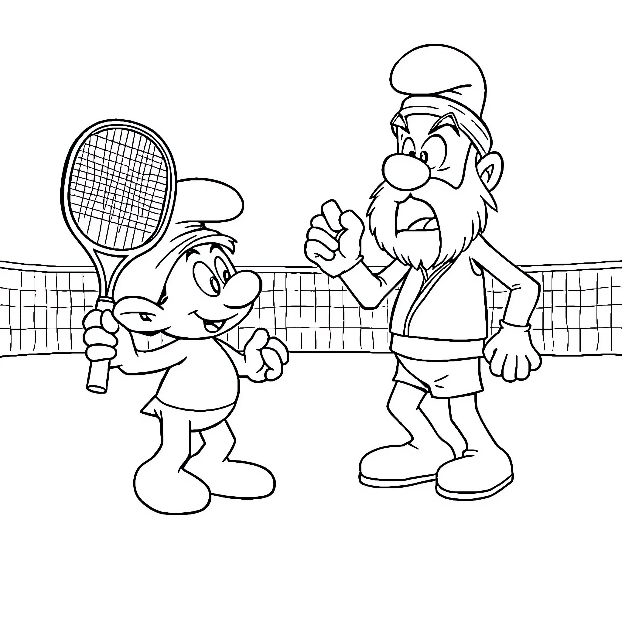 Smurf Tennis Rivals Compete on the Court Coloring Page (free black-and-white line drawing printable PDF for all, from beginners to advanced learners, including children, teens, adults, and seniors)