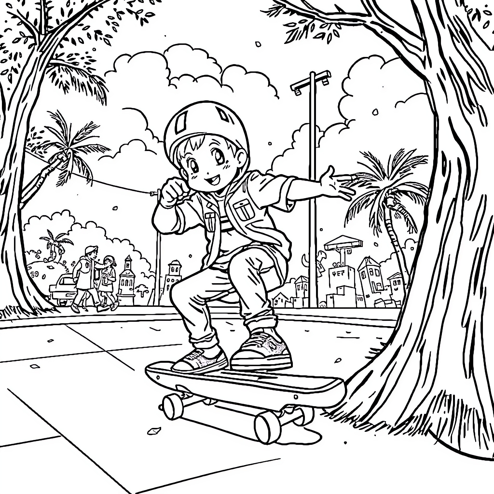 Skateboard kid exploring the tropical town Coloring Page (free black-and-white line drawing printable PDF for all, from beginners to advanced learners, including children, teens, adults, and seniors)