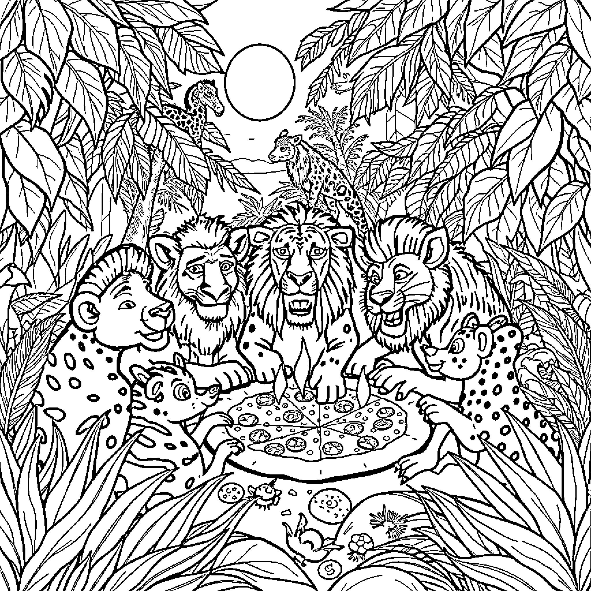 Animal feast in the wild jungle Coloring Page (free black-and-white line drawing printable PDF for all, from beginners to advanced learners, including children, teens, adults, and seniors)