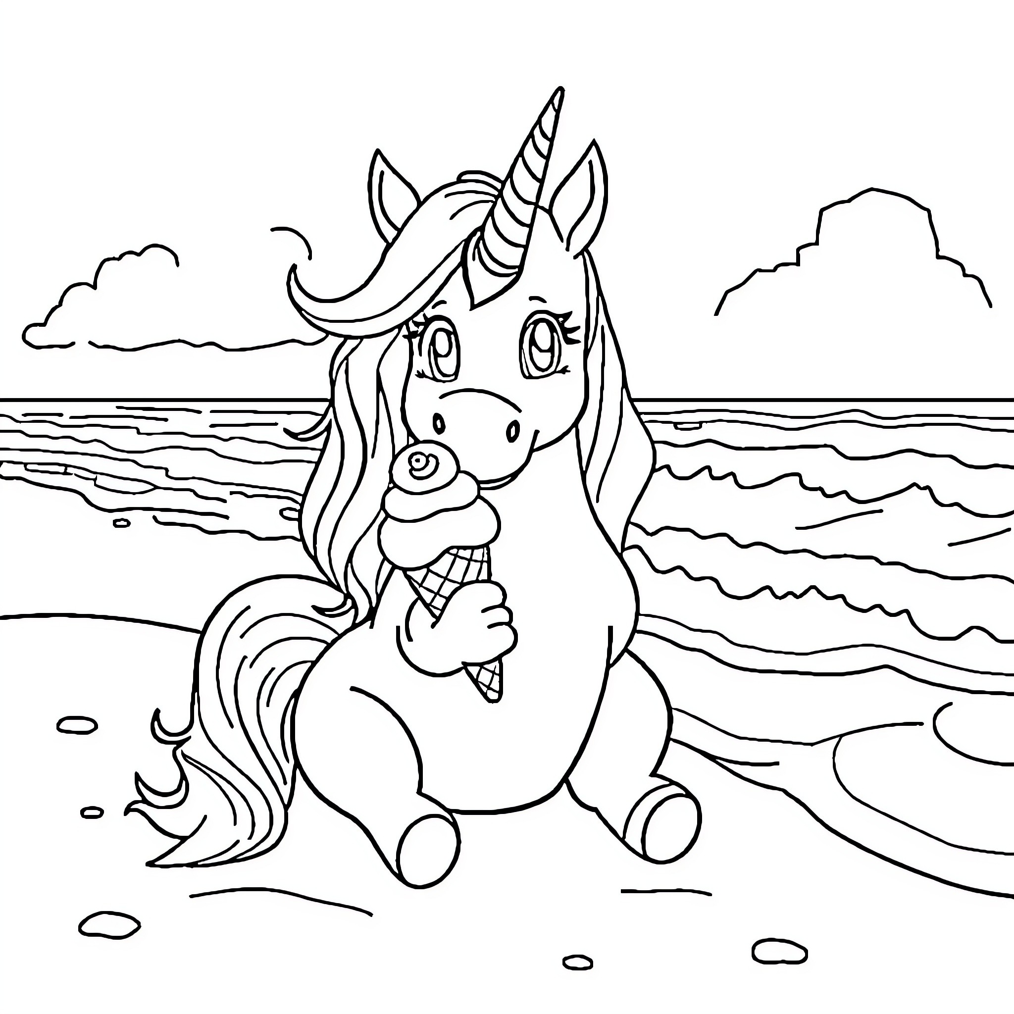 Unicorn enjoying the seaside view Coloring Page (free black-and-white line drawing printable PDF for all, from beginners to advanced learners, including children, teens, adults, and seniors)