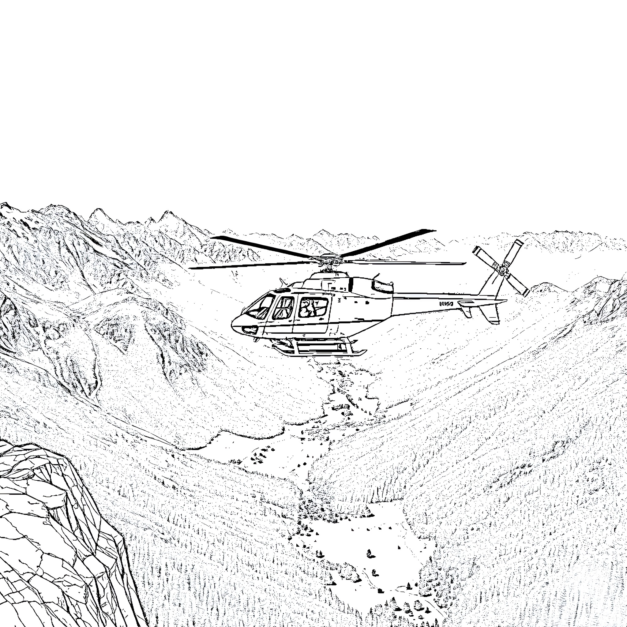 Helicopter flying over rugged mountain landscape Coloring Page (free black-and-white line drawing printable PDF for all, from beginners to advanced learners, including children, teens, adults, and seniors)