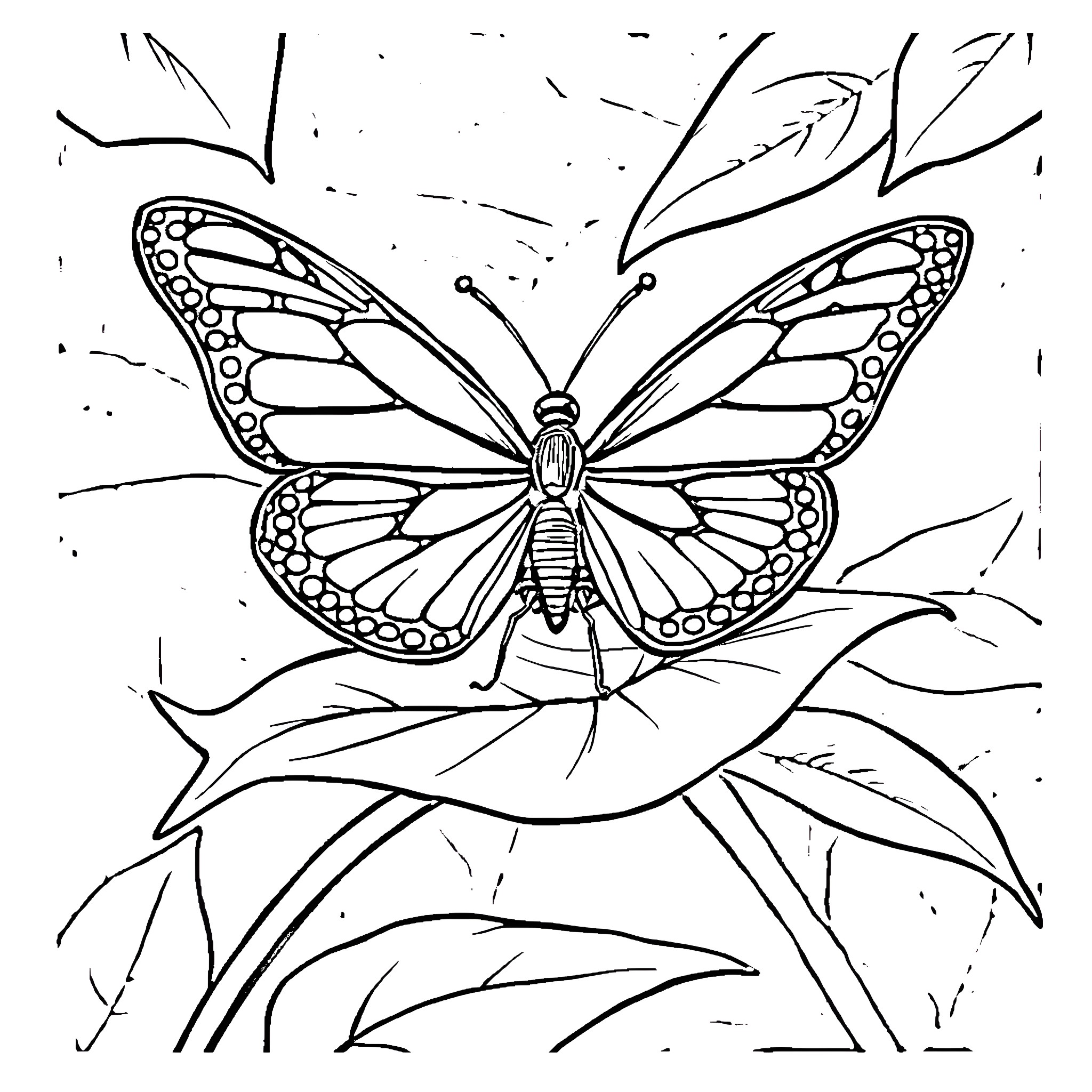 Butterfly resting on leaves in nature Coloring Page (free black-and-white line drawing printable PDF for all, from beginners to advanced learners, including children, teens, adults, and seniors)