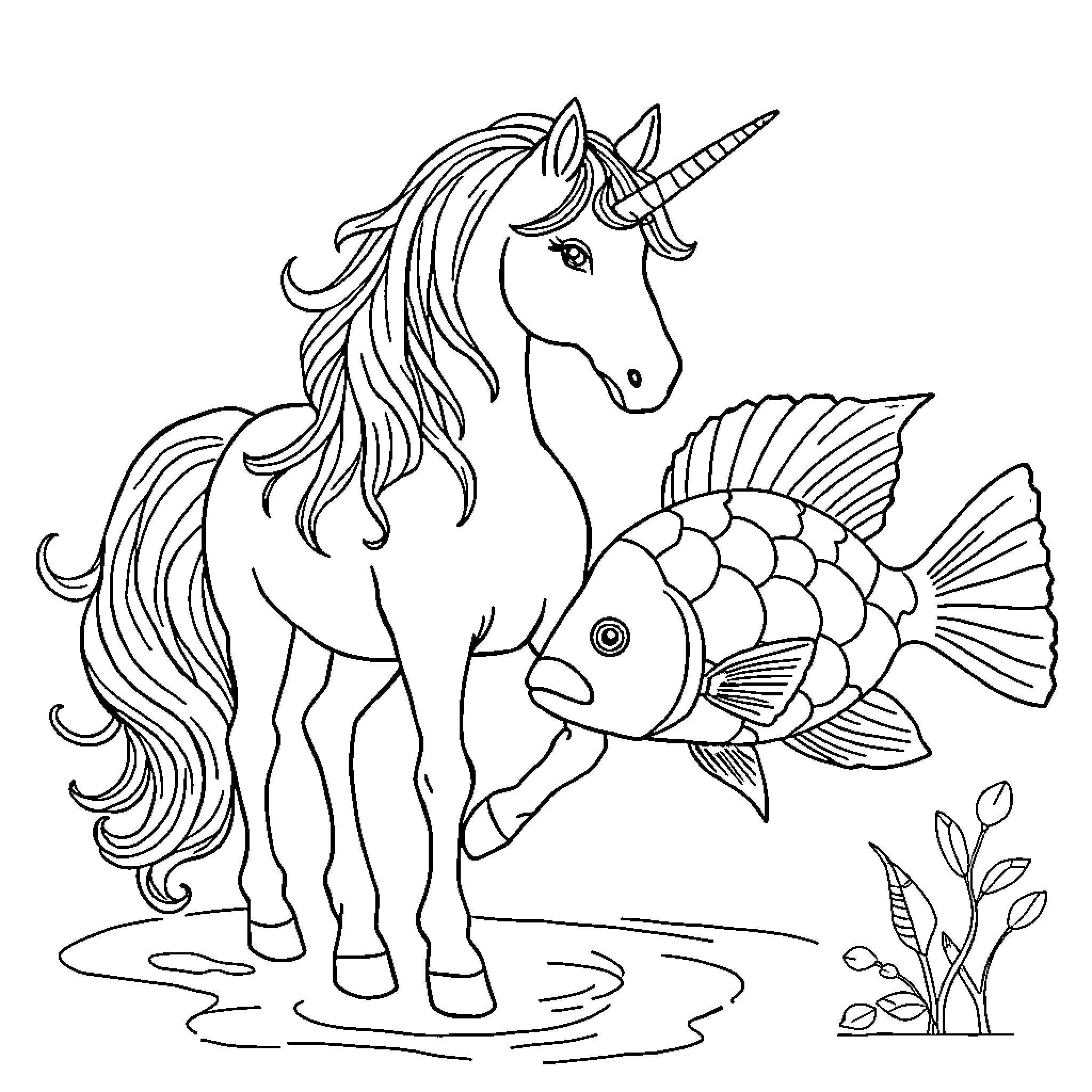 Unicorn meeting a colorful fish in the wild Coloring Page (free black-and-white line drawing printable PDF for all, from beginners to advanced learners, including children, teens, adults, and seniors)