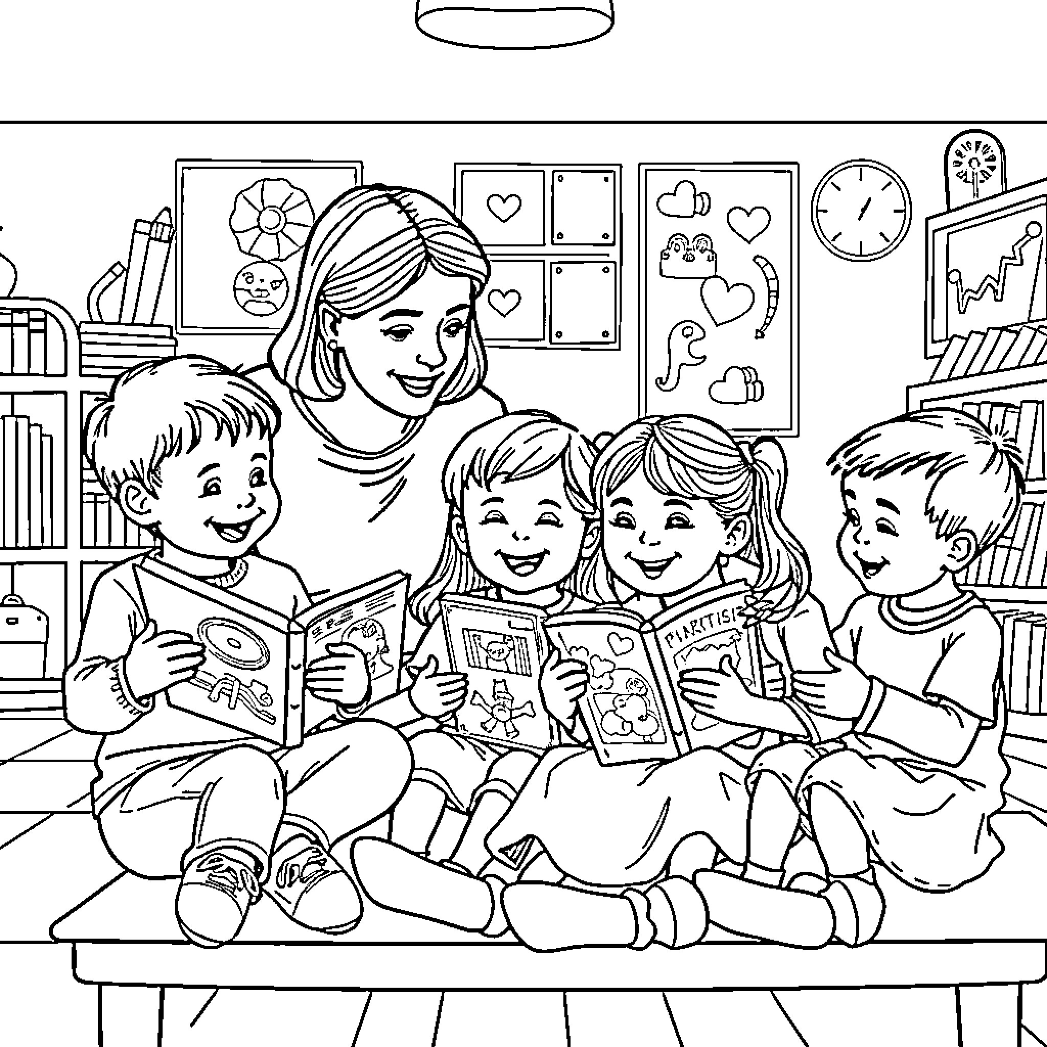 Kindergarten students reading books with teacher Coloring Page (free black-and-white line drawing printable PDF for all, from beginners to advanced learners, including children, teens, adults, and seniors)