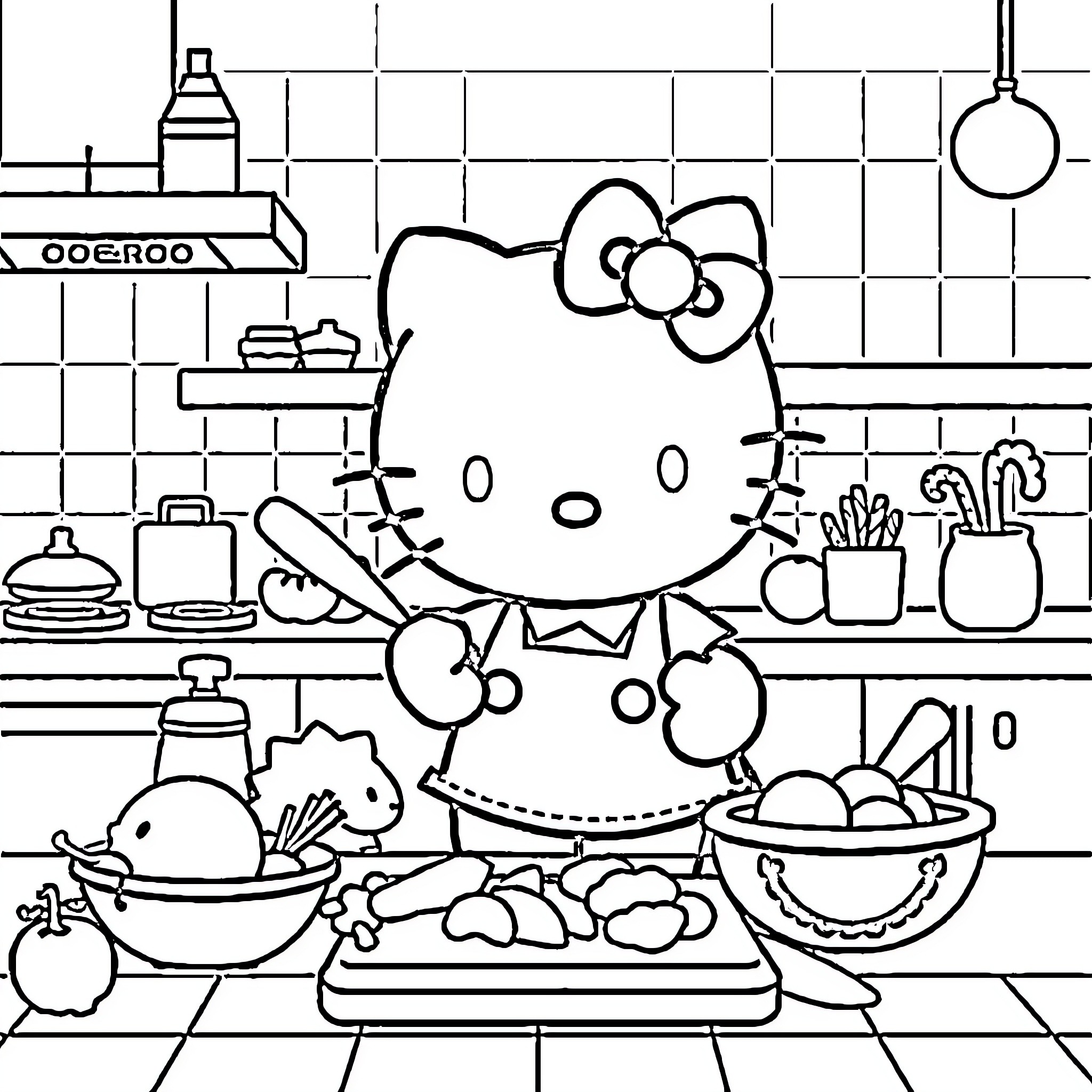 Hello Kitty baking delicious treats in the kitchen Coloring Page (free black-and-white line drawing printable PDF for all, from beginners to advanced learners, including children, teens, adults, and seniors)