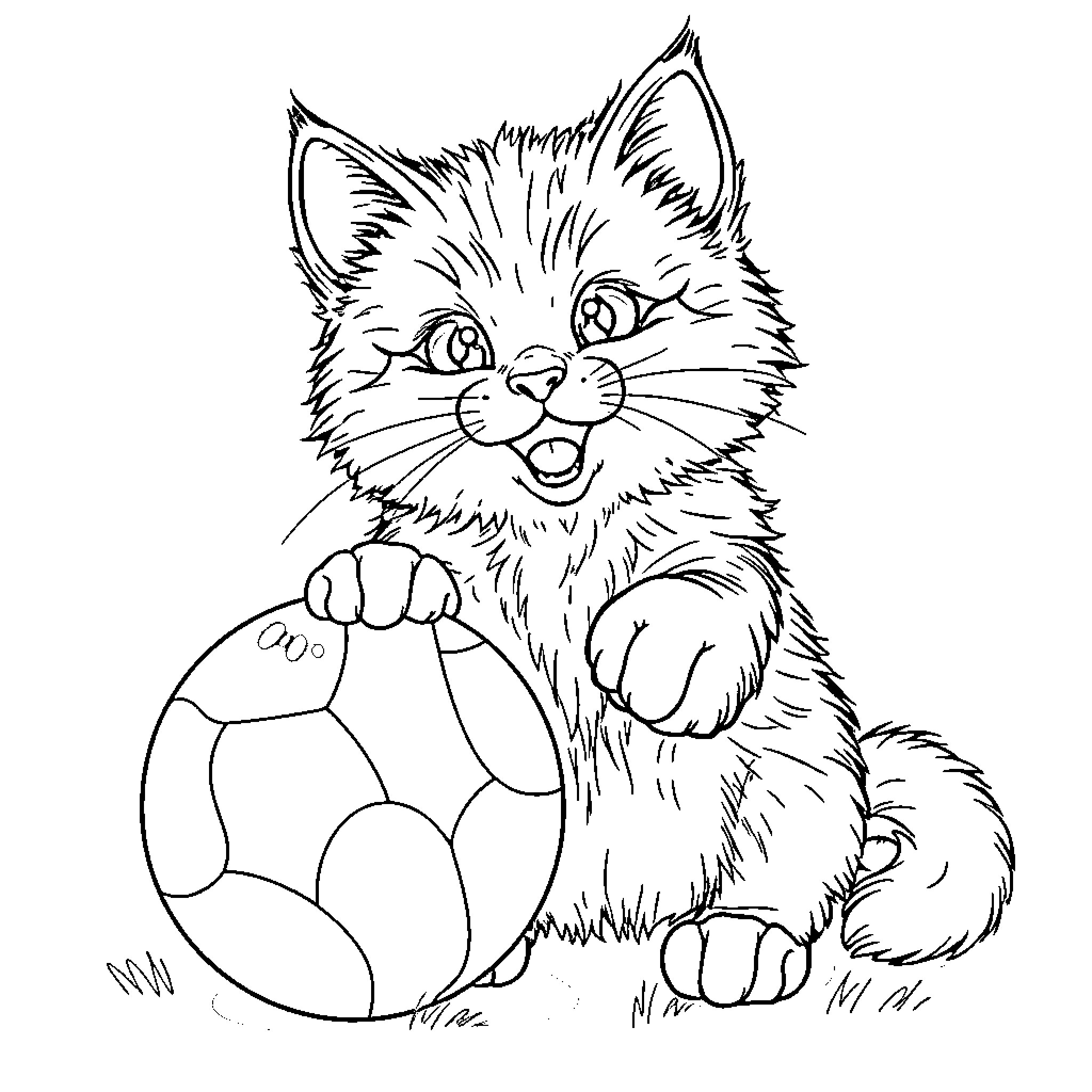 Cat playing with a ball Coloring Page (free black-and-white line drawing printable PDF for all, from beginners to advanced learners, including children, teens, adults, and seniors)