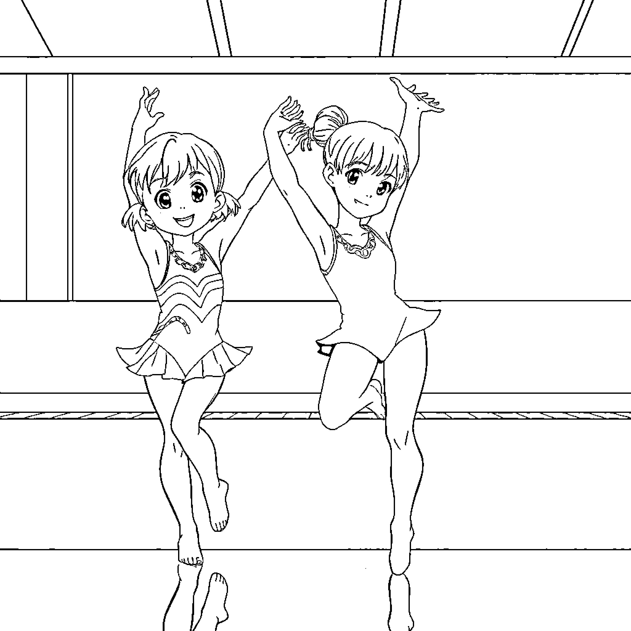 Anime Girls Happily Dancing in Colorful Outfits Coloring Page (free black-and-white line drawing printable PDF for all, from beginners to advanced learners, including children, teens, adults, and seniors)